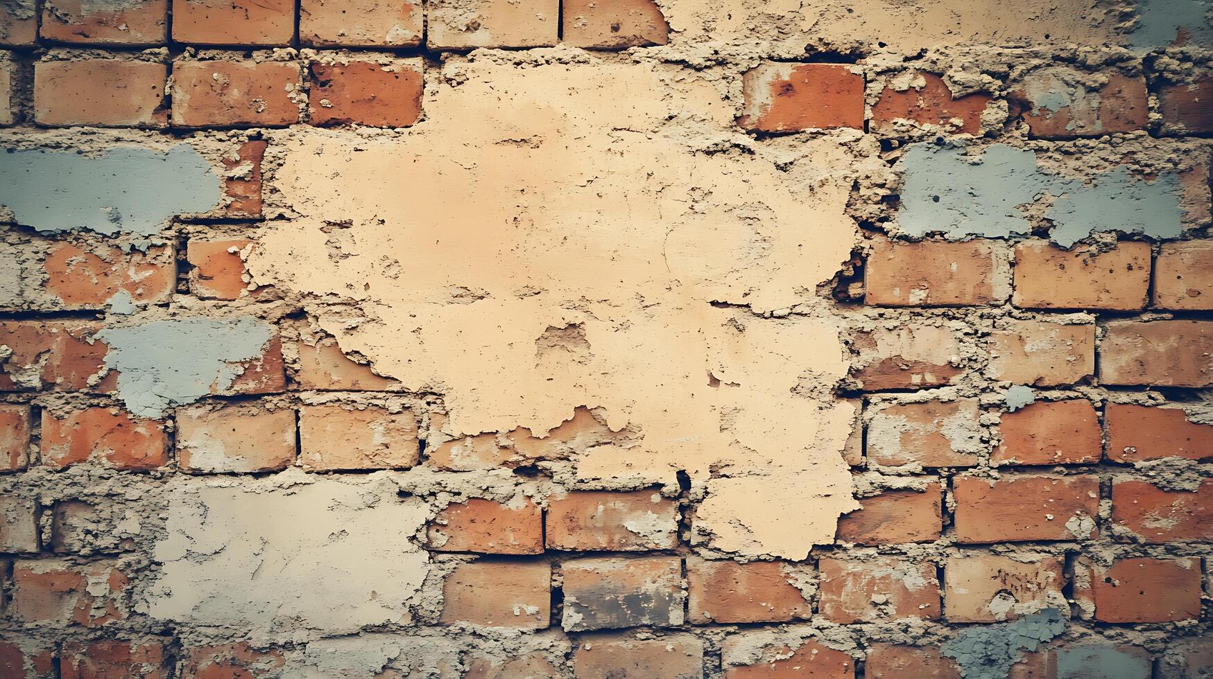 Rustic brick wall with aged plaster and paint remnants showcasing textures and patterns of deterioration and history photo