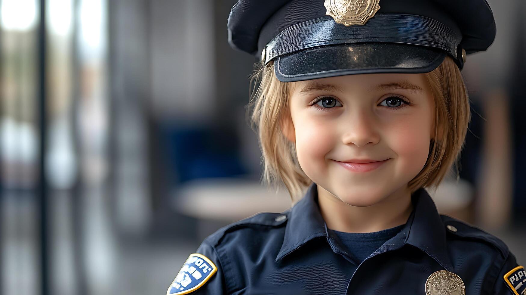 A young child dressed in a police officer's uniform with a happy smile portraying a scene of imagination and career aspiration photo