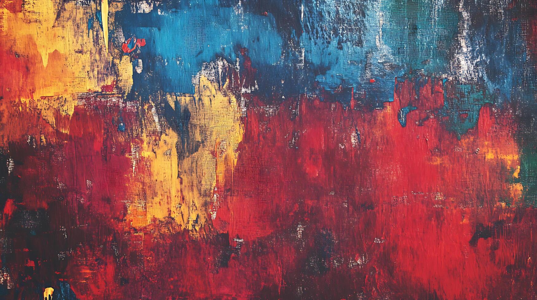 A textured abstract painting featuring bold strokes of red yellow blue and dark hues creating a dynamic and emotive visual experience photo