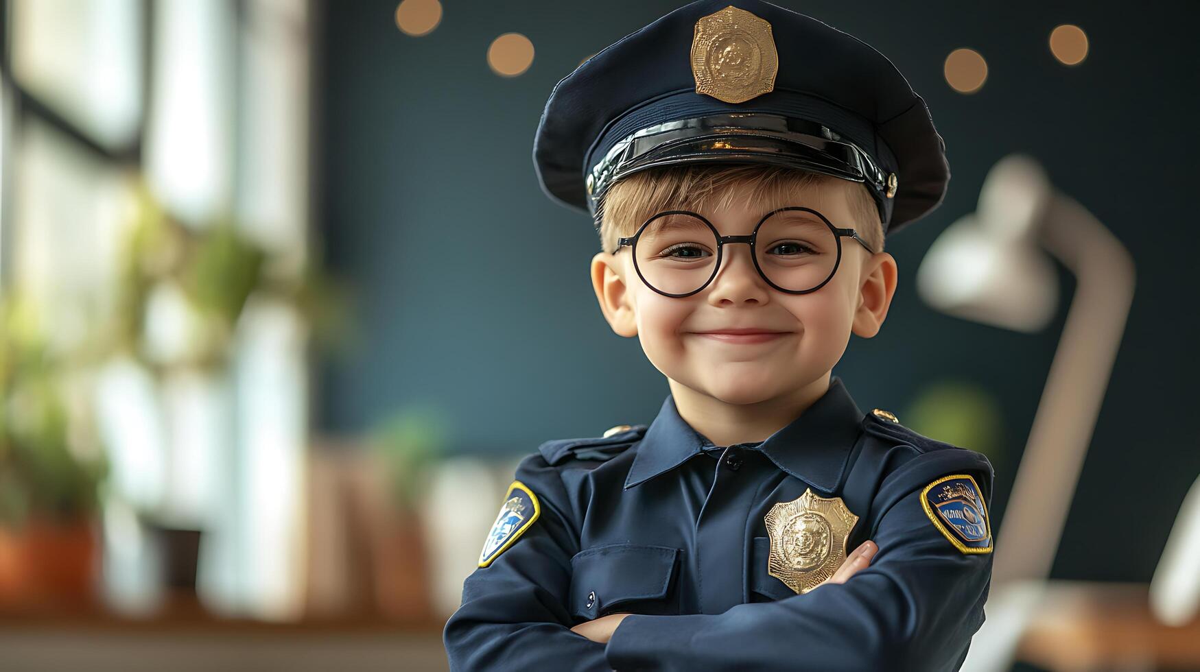 Young boy dressed in a police uniform with a cap smiling confidently with arms crossed indoors portraying aspiration and childhood role-play photo