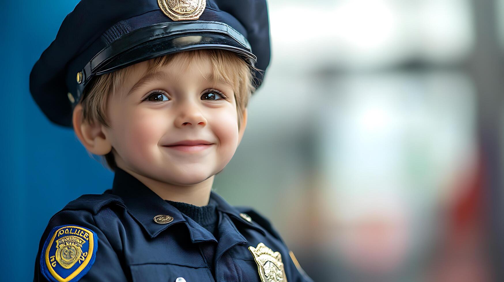 Young boy dressed in a police officer costume with cap and badge smiles gently at the camera with a blue backdrop photo