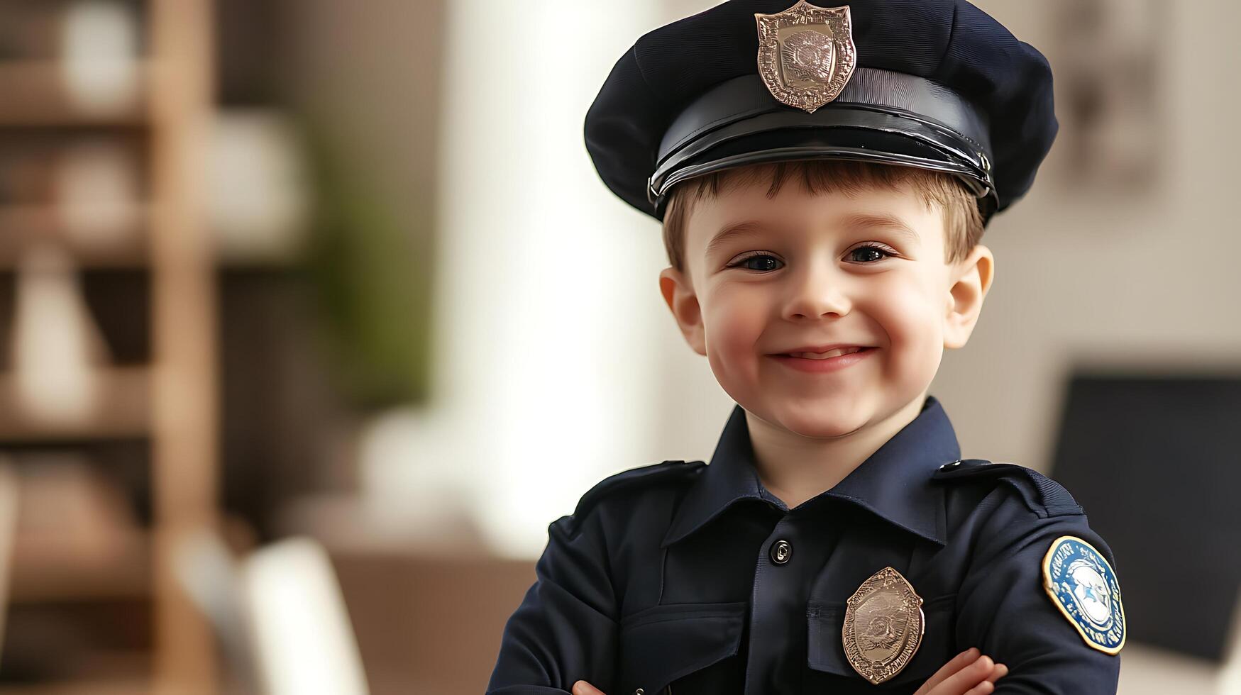 A cheerful young boy smiles brightly while dressed up in a dark blue police officer uniform complete with a hat and badge photo