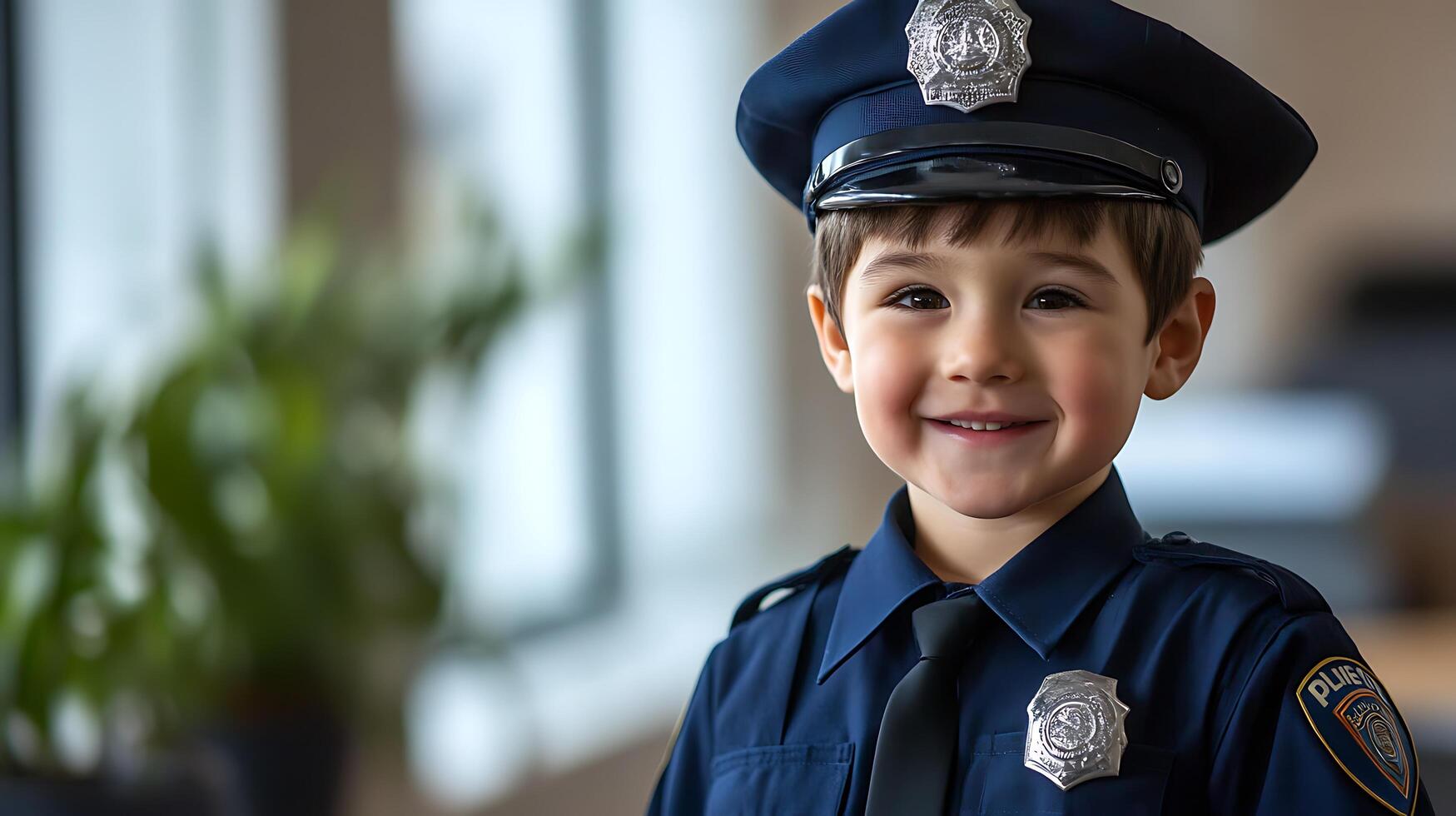 A charming young boy dressed in a delightful police officer costume smiling brightly and radiating pure joy and enthusiasm for his role play photo
