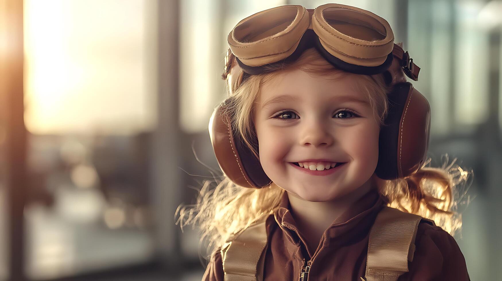 A smiling child dressed as a pilot with vintage goggles and headphones Radiating charm she embodies the dream of flight and adventure photo