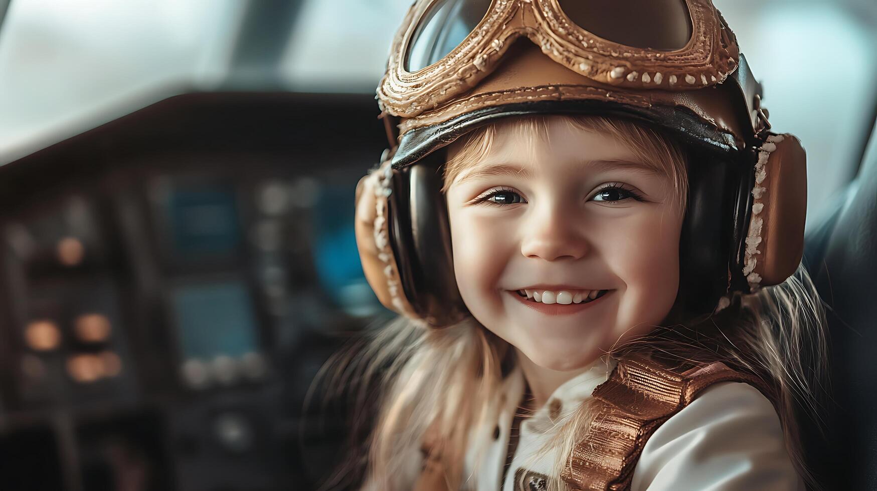 Smiling child pilot in a cockpit wearing goggles and a helmet Dreams taking flight with aviation passion adventure and boundless horizons photo