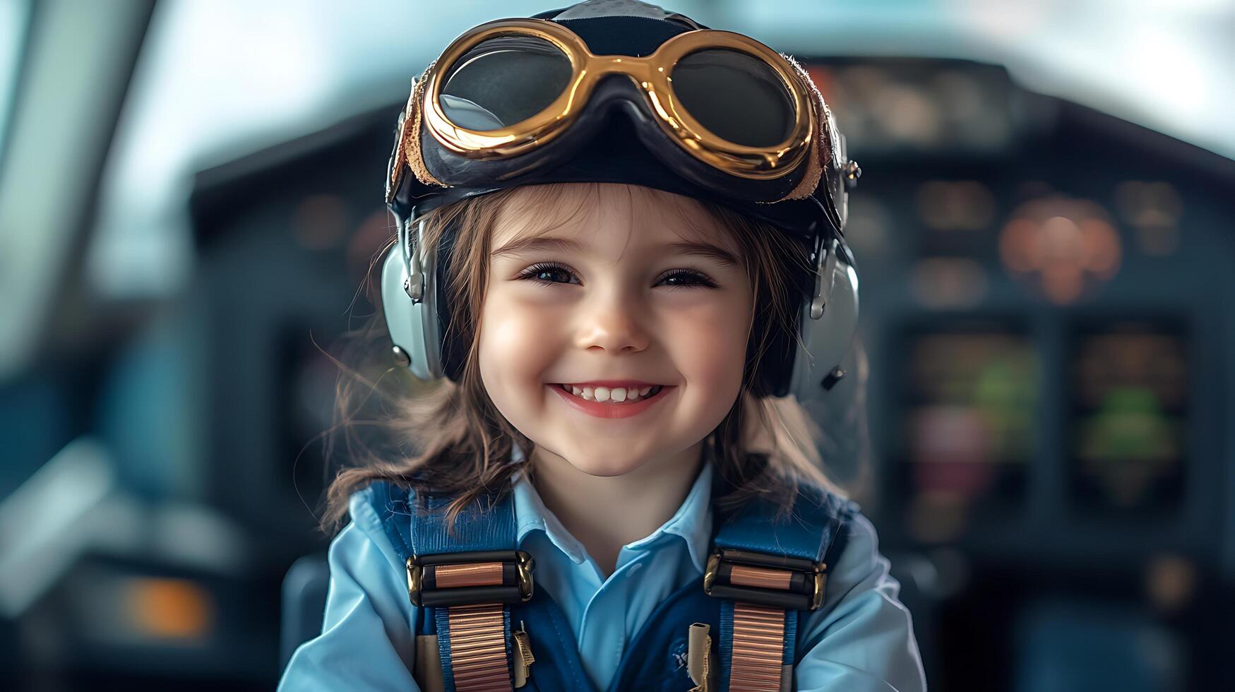 Little girl with aviation goggles and headset big smile inside airplane cockpit Child dreams of flying dressed as pilot photo