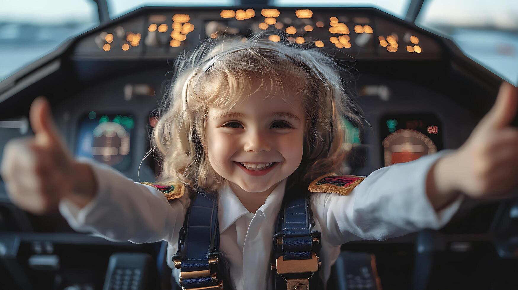 Young child pretends to fly dressed in an aviation uniform giving thumbs up from cockpit of a plane Childhood dreams concept photo