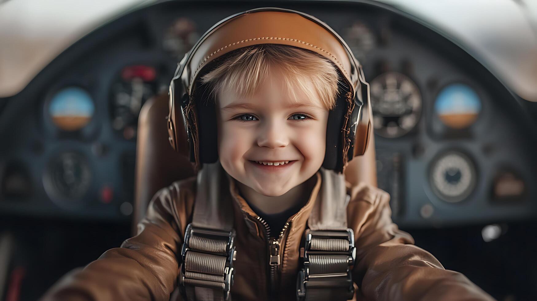 A young child smiles from the cockpit of an airplane dressed in a flight suit and headset ready for adventure among the clouds photo