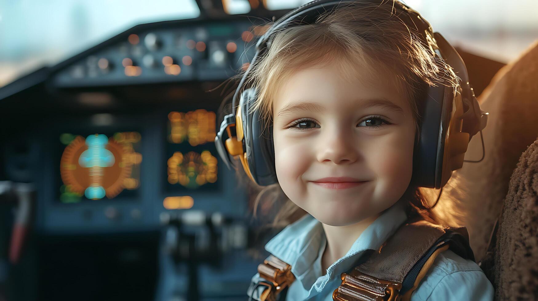 A young girl in a cockpit wearing a headset and a flight suit smiles at the camera with the control panel in the background photo