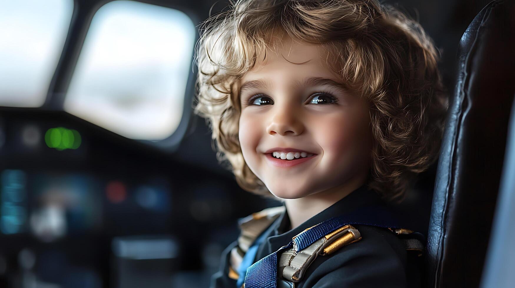 Young boy with curly hair smiles in the cockpit of an airplane imagining flying through the sky and experiencing the thrill of aviation photo