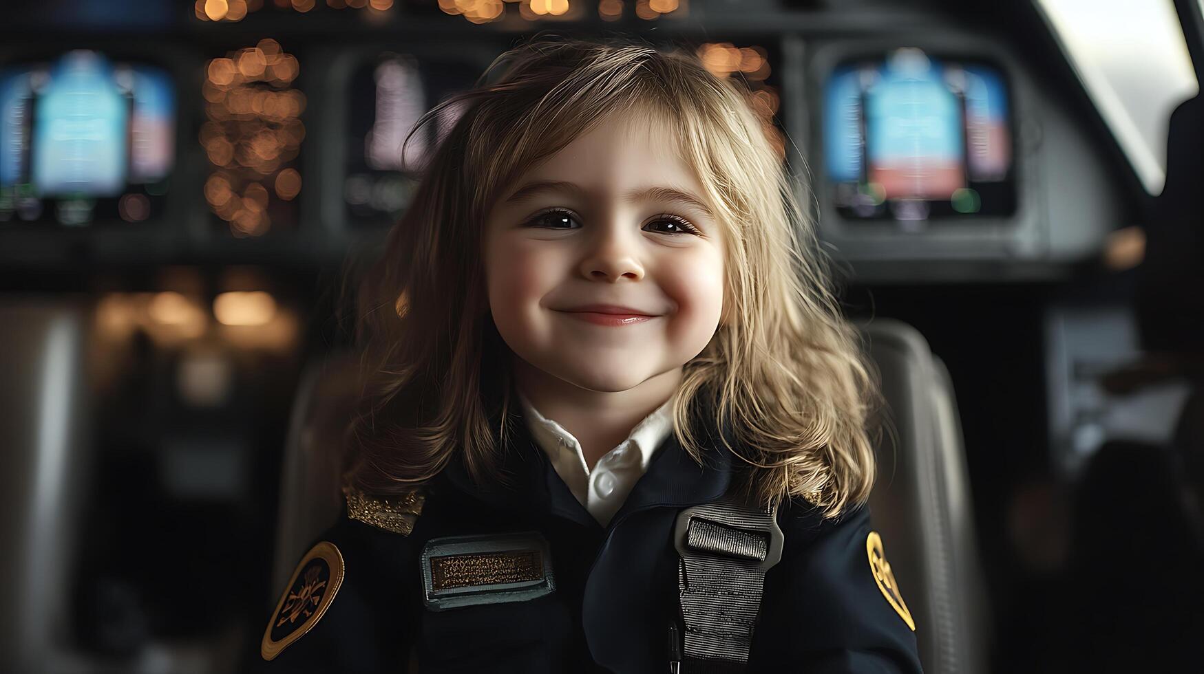 Young pilot-to-be smiles confidently in the cockpit embodying dreams of flight and aviation radiating joy and ambition photo