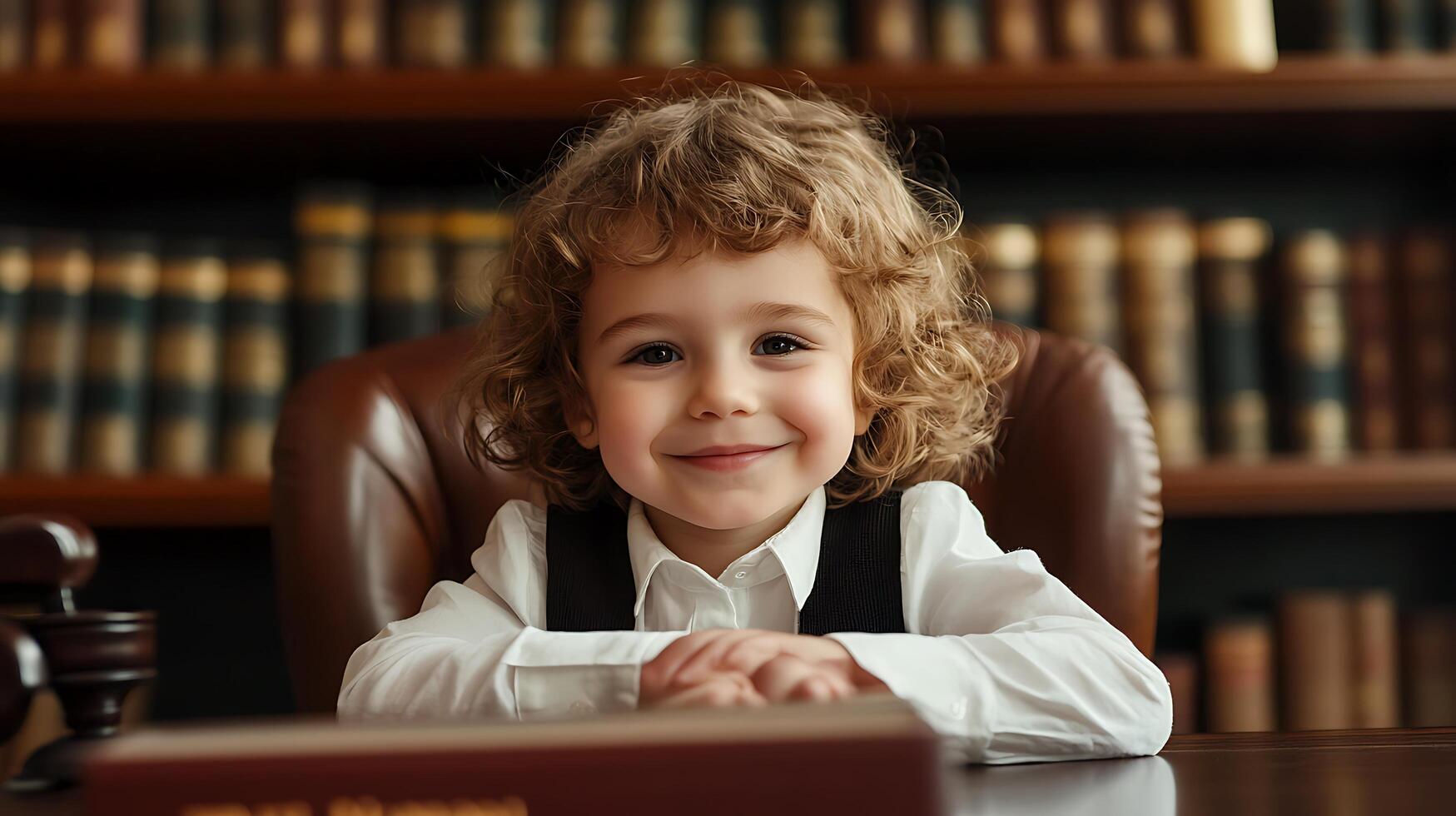 Young child dressed as a professional sitting at a desk with a serious expression in front of a bookshelf in an office setting photo