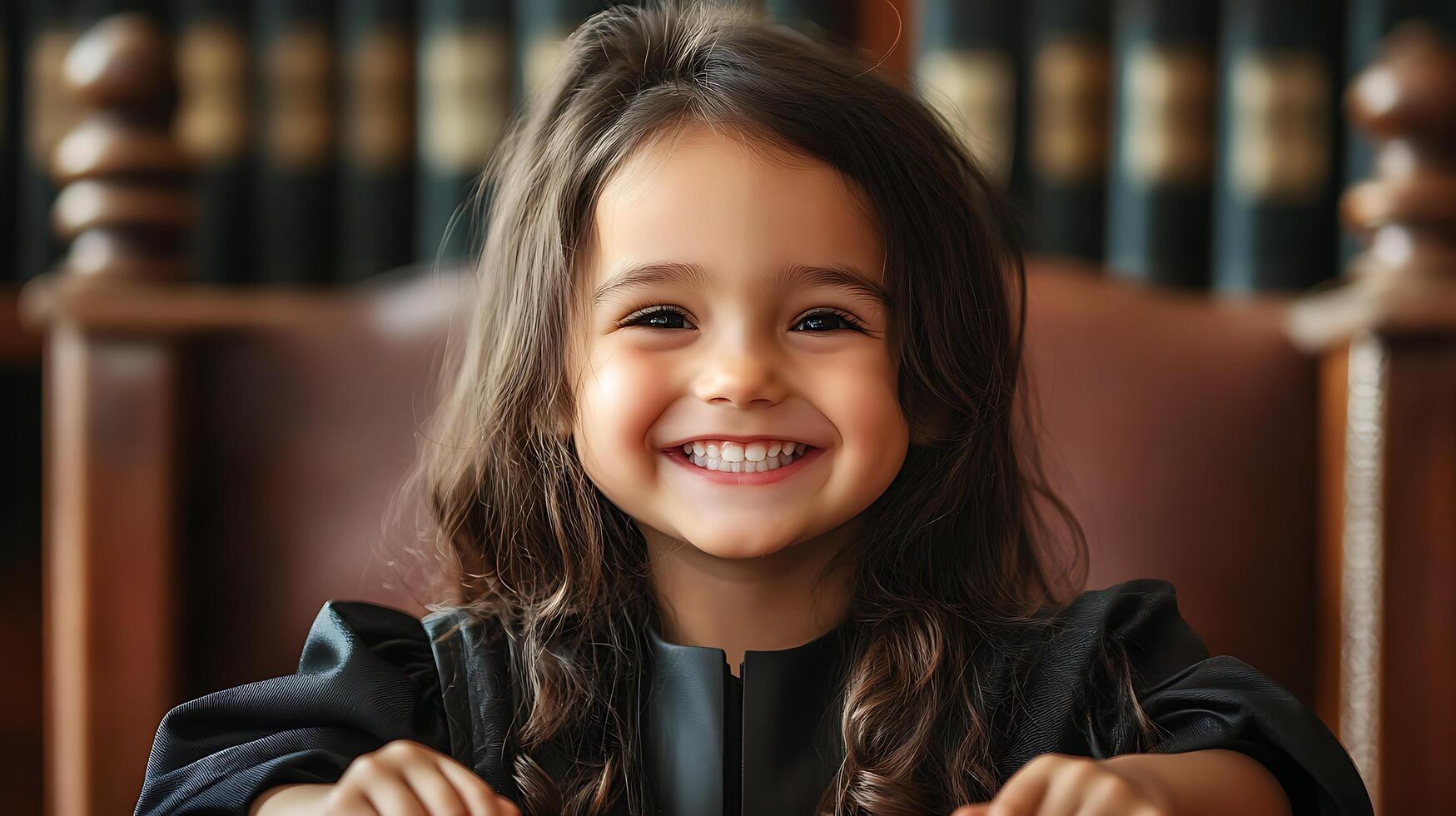 A joyful little girl with beautiful brown hair beams with a radiant smile dressed in formal attire exudes happiness in a distinguished setting photo