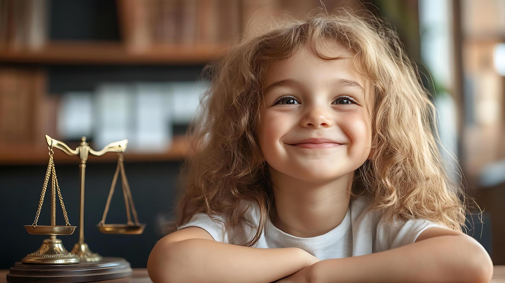 Little girl with scales of justice evokes fairness and hope symbolizing a bright future where justice is accessible to all photo