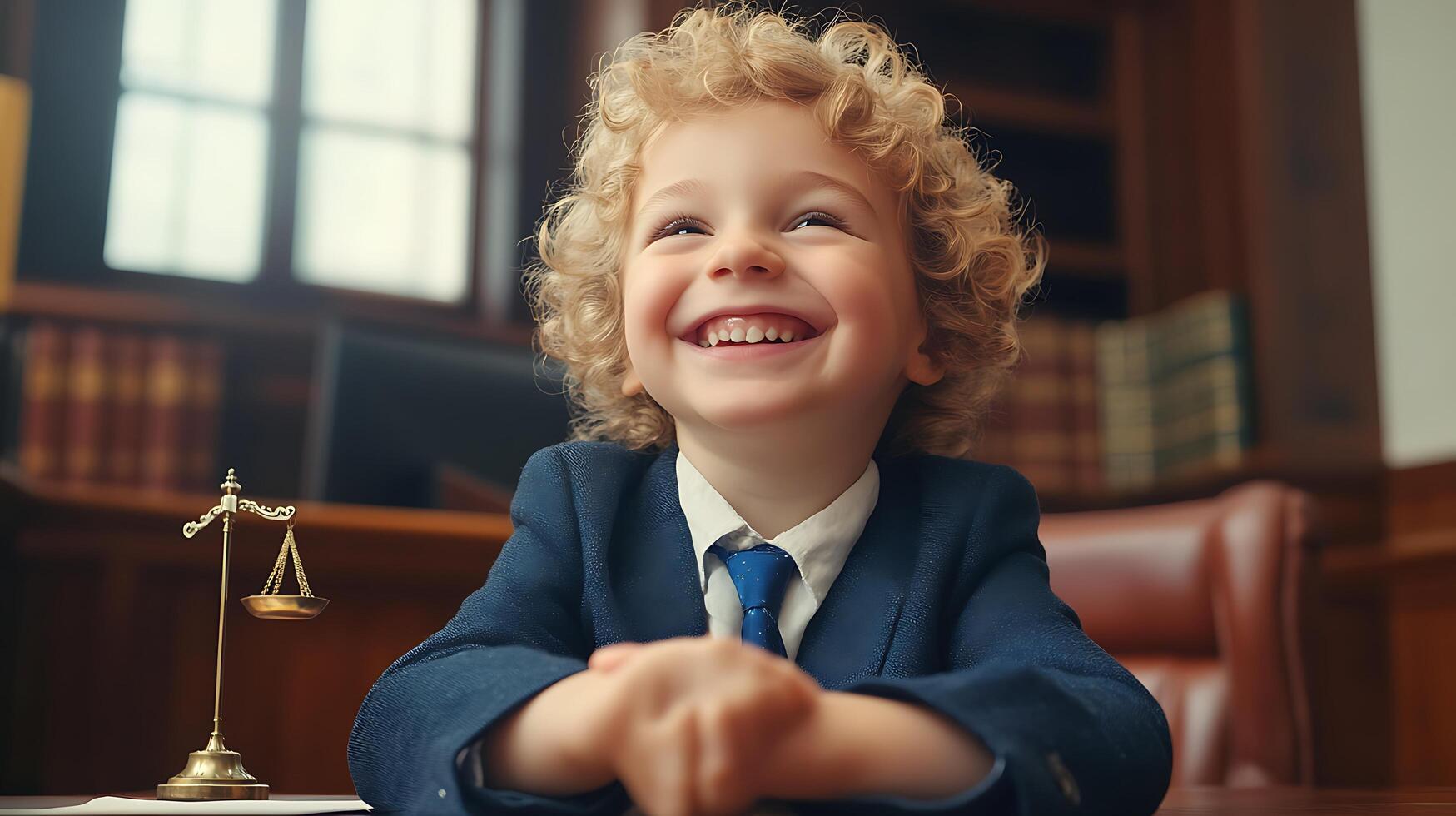 Young boy dressed in a suit sitting at a desk with a miniature scales of justice looking up and smiling in a professional setting photo