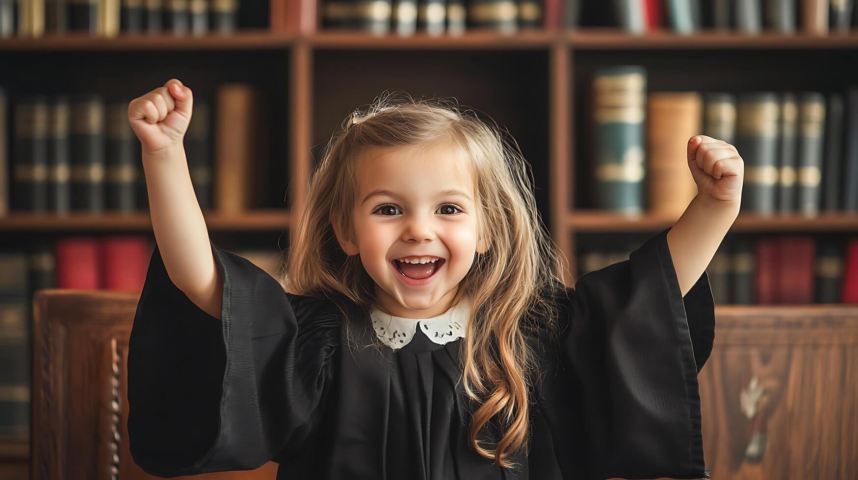 Excited Young Child Wearing a Robe Stands Before Bookshelves Raising Her Fists and Cheering with a Big Smile on Her Face photo