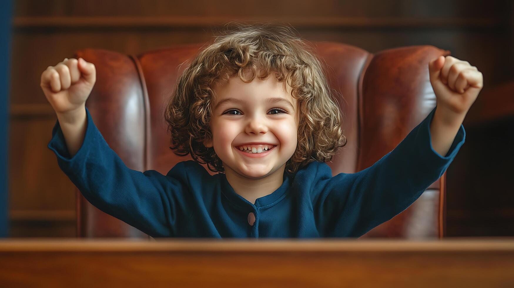 A curly-haired child sitting in a leather chair with arms raised and a big smile exuding joy and accomplishment at a wooden desk photo