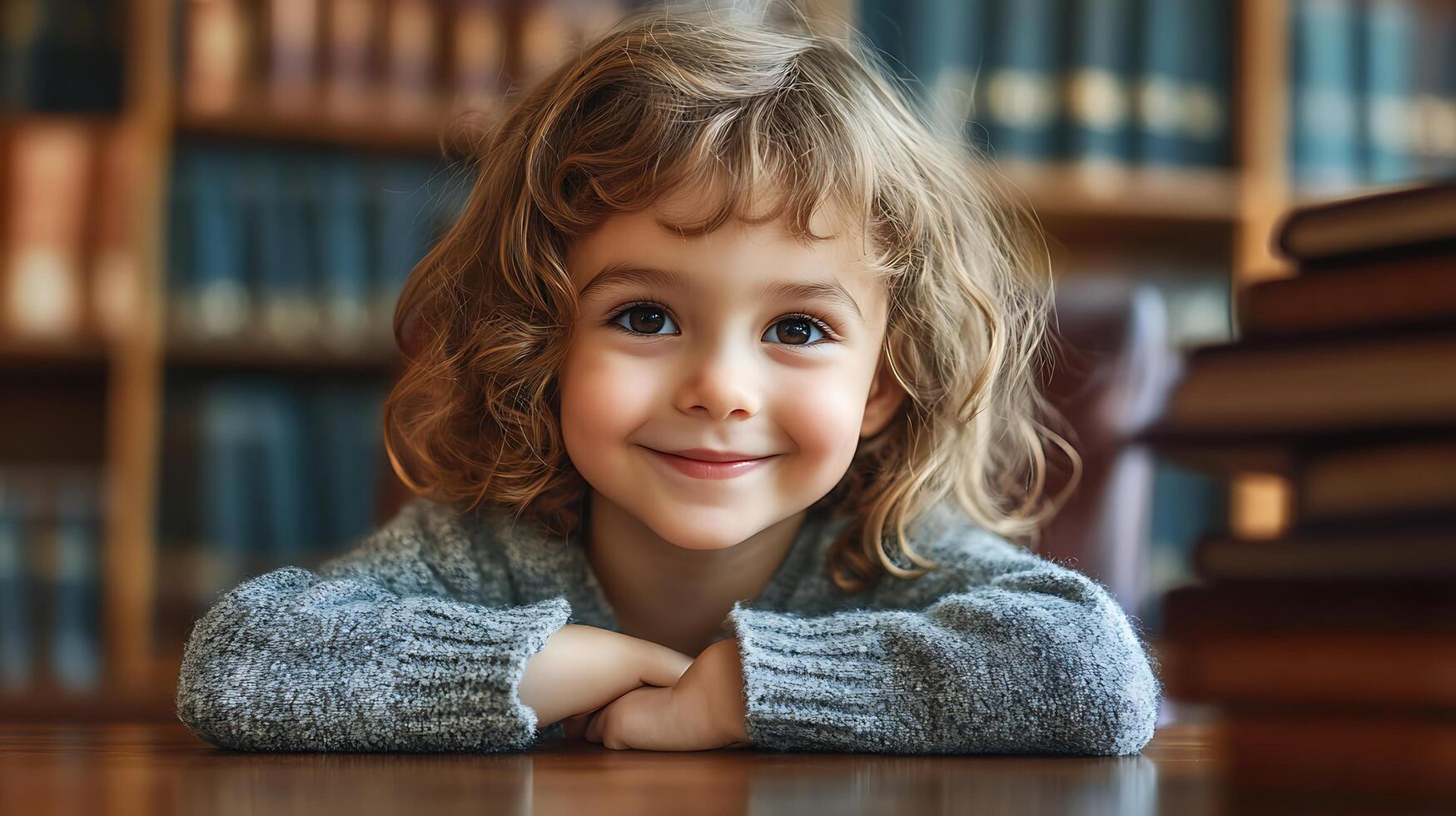 A young child with curly hair rests chin on arms on a table smiling sweetly in front of a bookshelf filled with many books photo