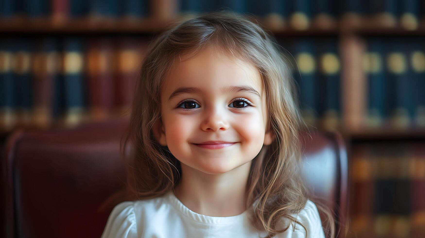 A young girl with brown hair and a warm smile sits against a bookshelf backdrop radiating innocence and charm in a portrait photo