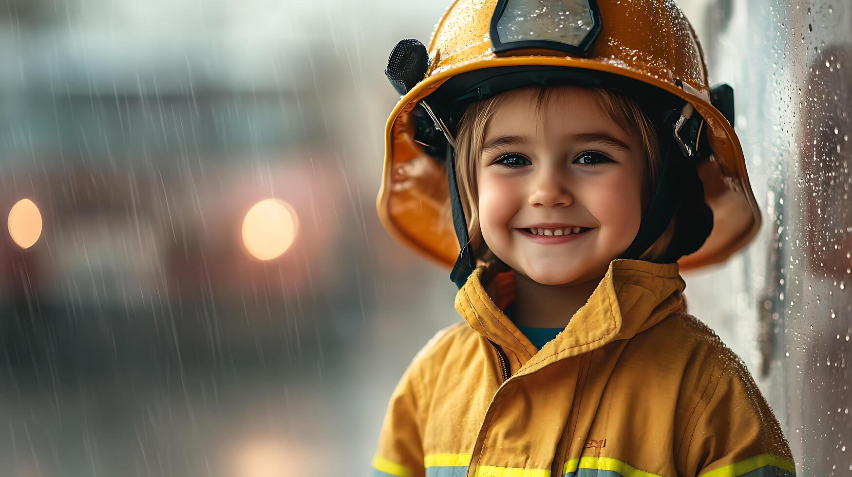 Brave child dressed as firefighter with yellow helmet smiles brightly in rainy weather with blurred fire truck in background photo