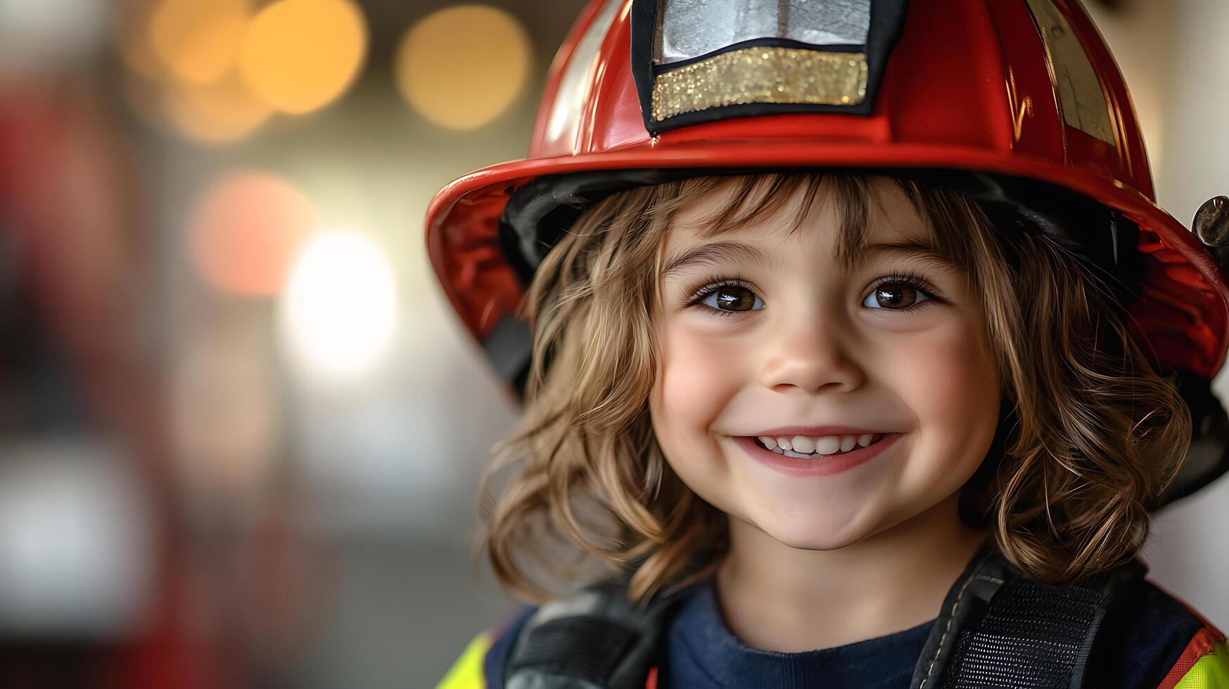 Smiling child dressed up as a firefighter showing a gleaming smile wearing a helmet and gear looking directly at the camera photo