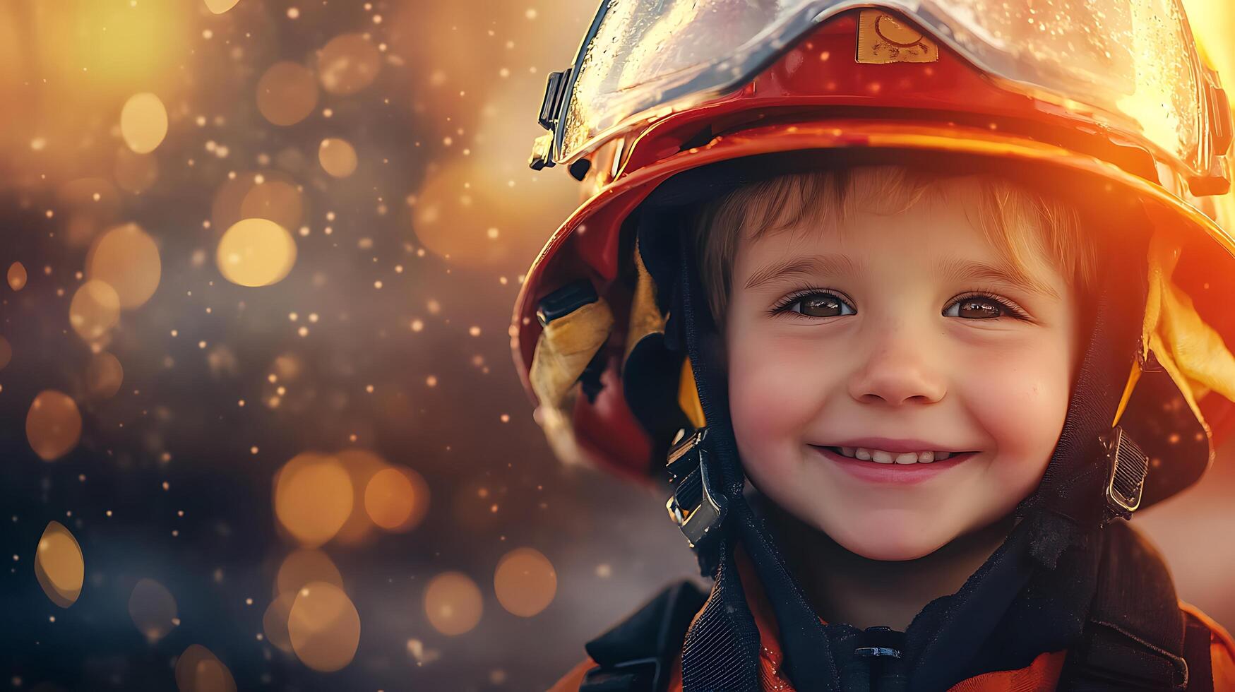 Young boy in a firefighter's helmet looking happy and ready for action A bright future ahead a courageous firefighter photo