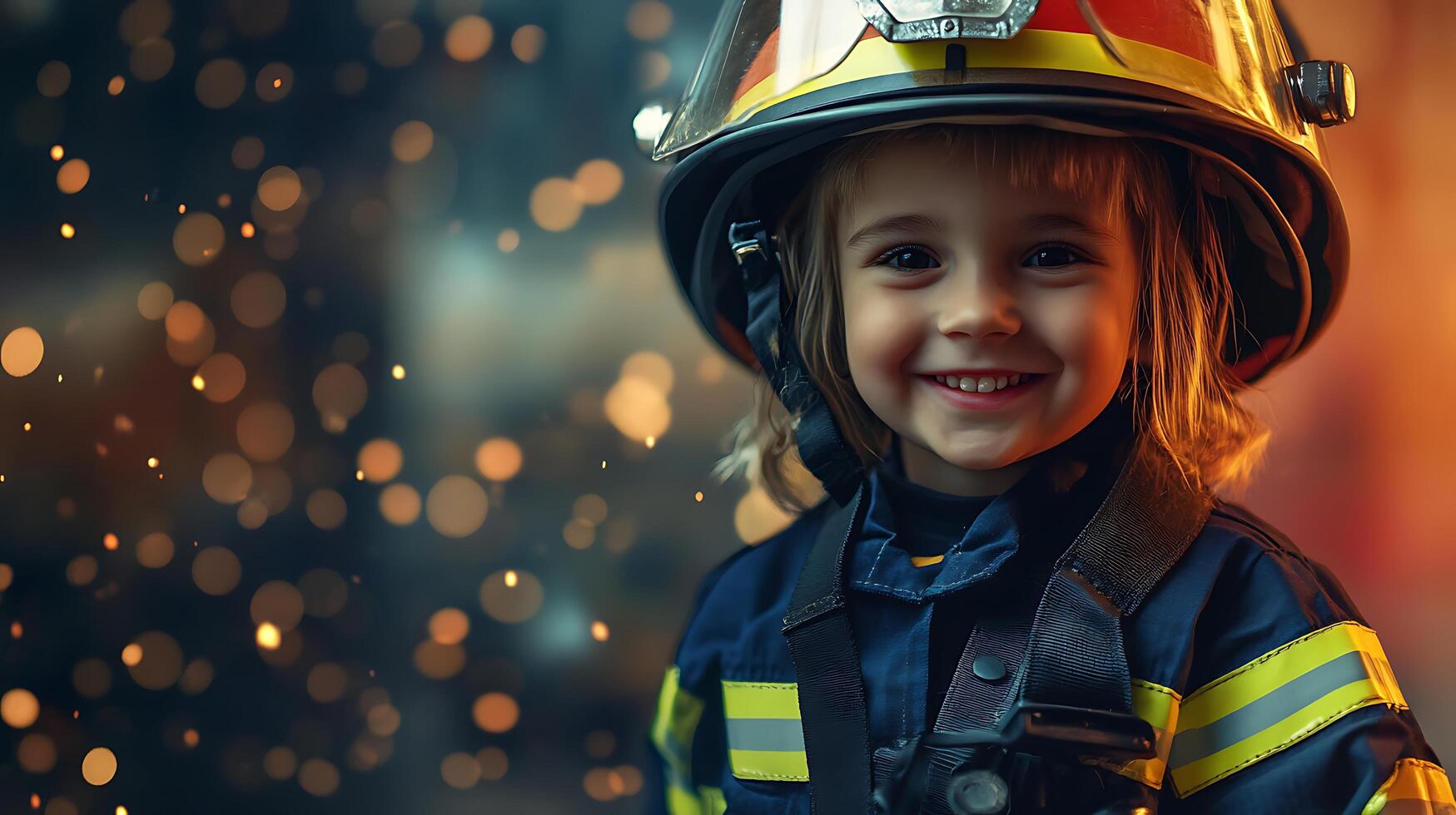 Enthusiastic young child dressed in a firefighter costume expressing joy and excitement with a bright smile ready for imaginative adventures photo