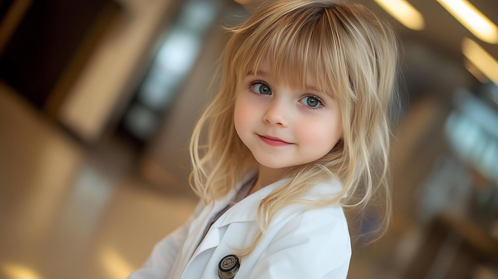Little girl with blonde hair and blue eyes wearing a doctor's lab coat looking directly at the camera and smiling slightly photo