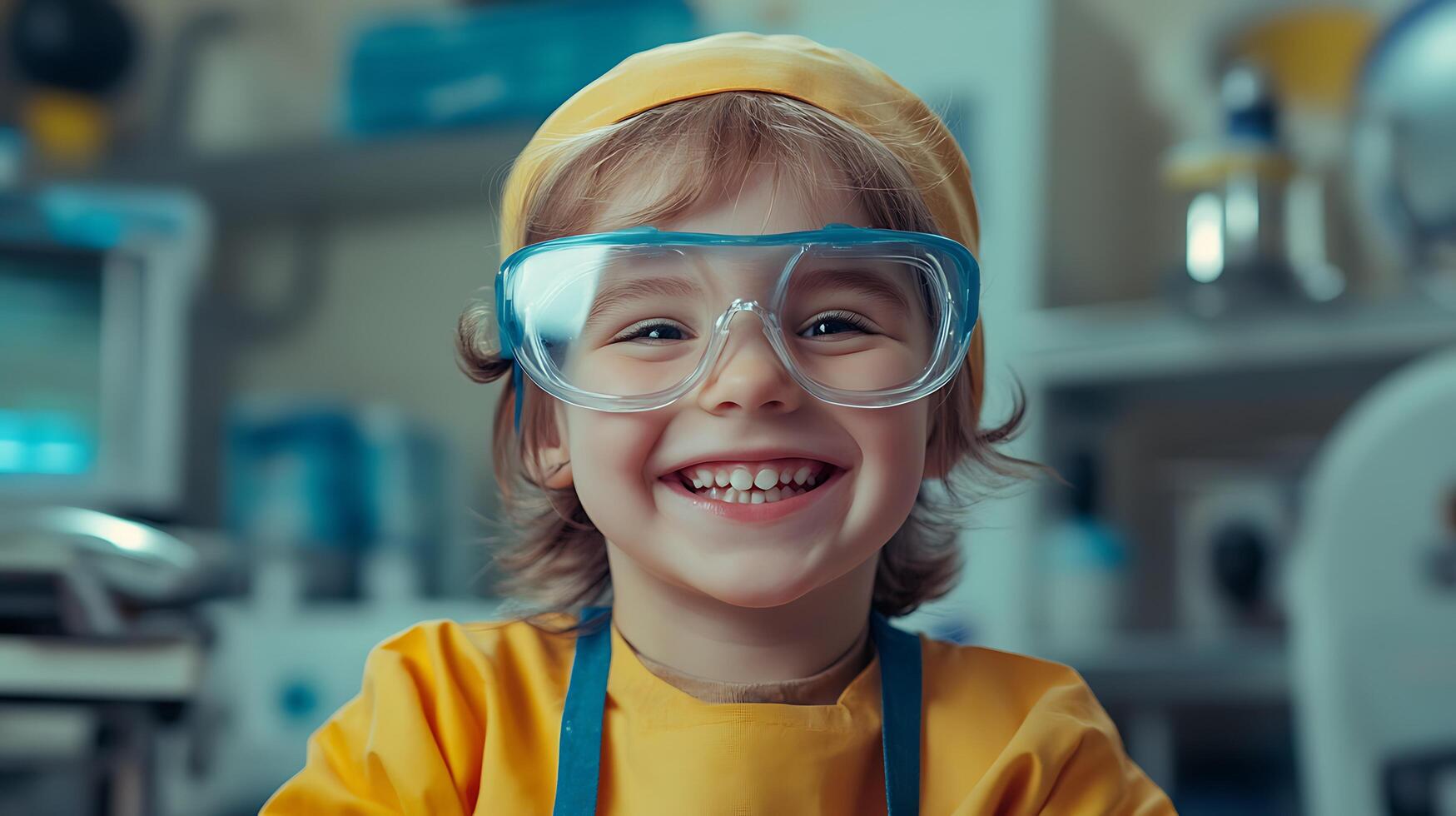 Child scientist with bright smile wearing goggles and yellow lab coat stands in a cheerful laboratory environment ready for science photo