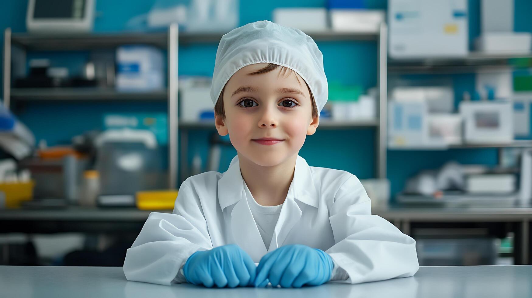 Young scientist in a laboratory Dressed in lab coat and cap wearing blue gloves Learning and exploring science with curiosity and joy photo