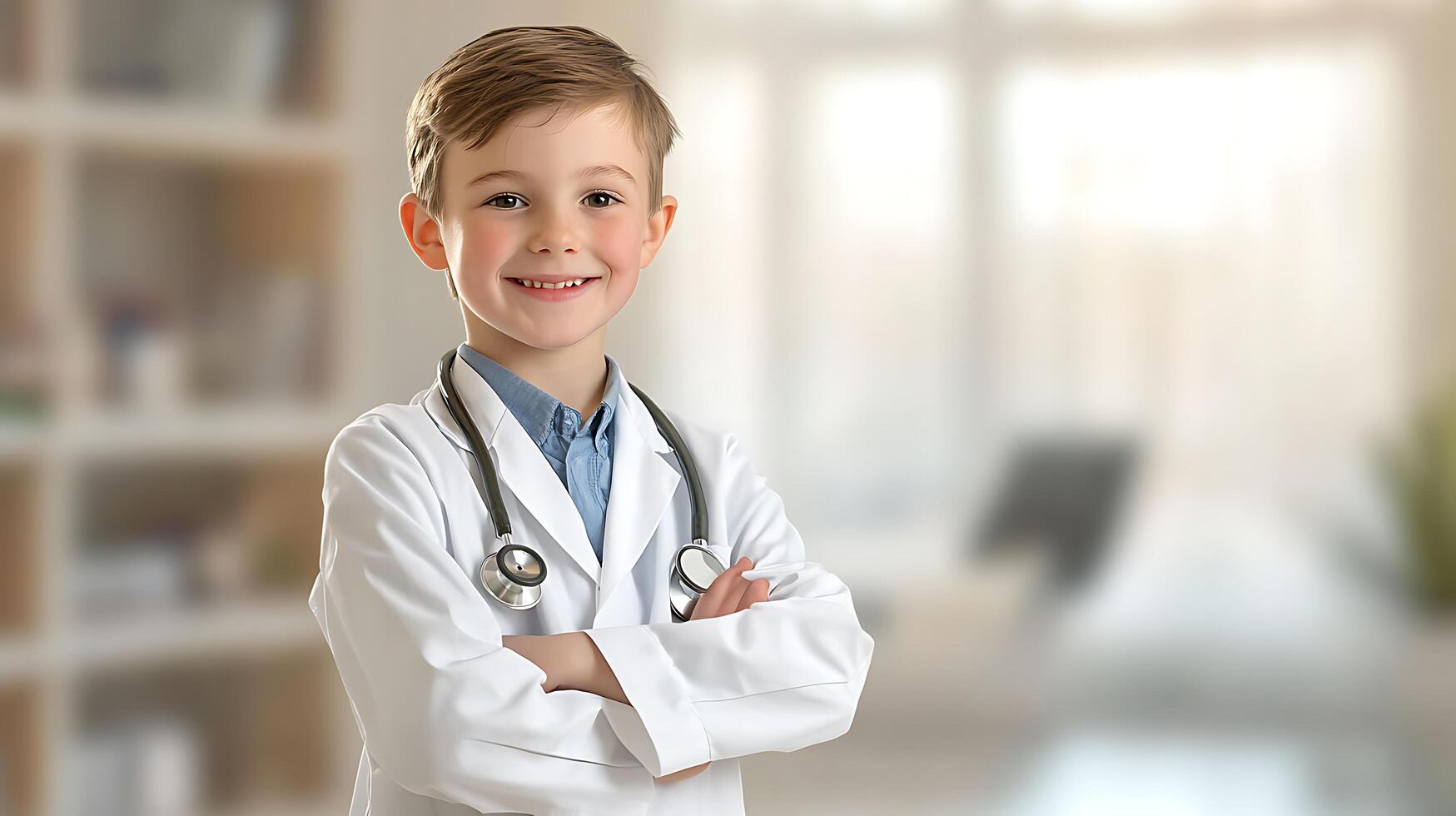 Adorable young boy dressed up as a doctor with stethoscope around his neck and lab coat smiling with his arms crossed in a bright space photo