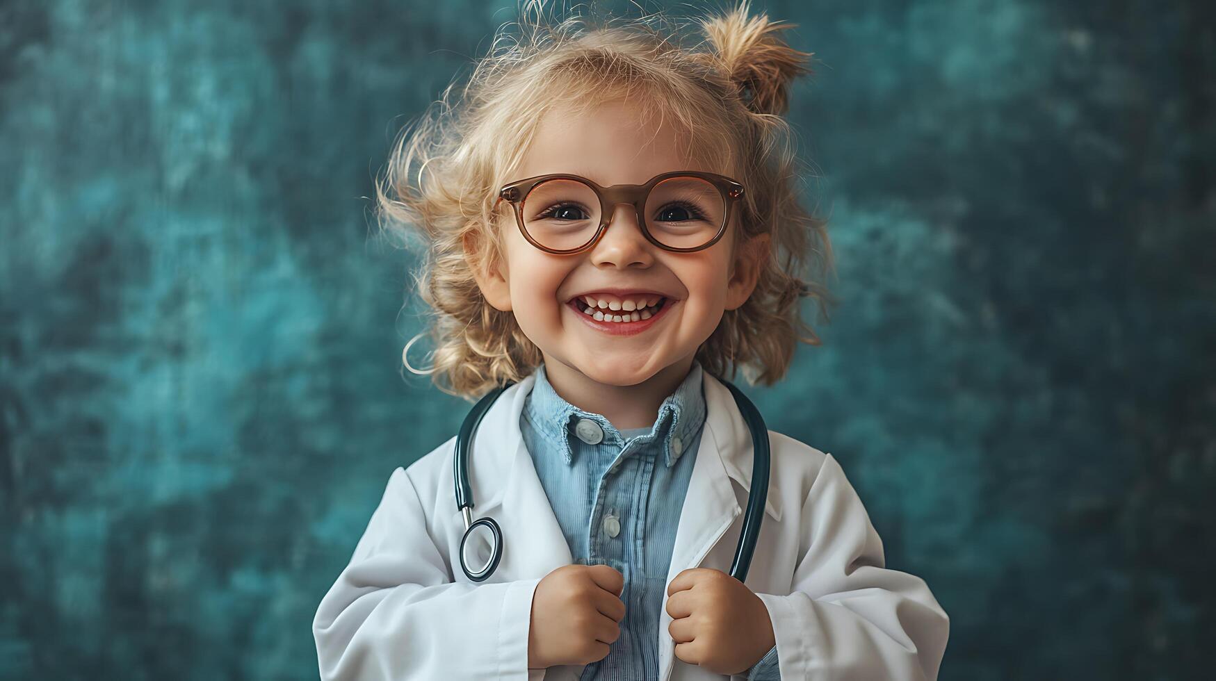 A happy young child with blonde curly hair is smiling wearing glasses a white coat and a stethoscope against a green background photo