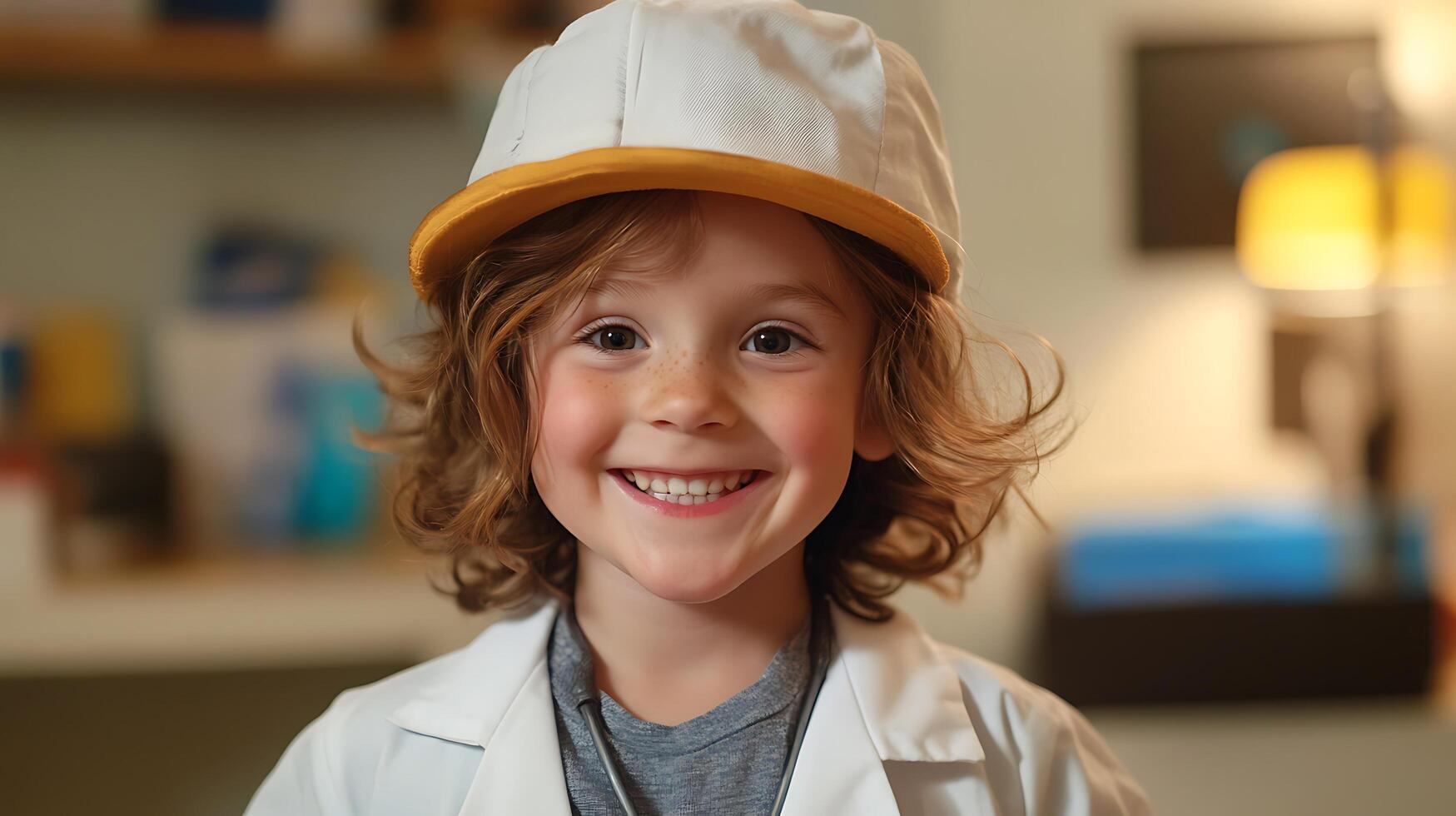Smiling child in a white and yellow cap and a doctor's coat looking at the camera with joy and curiosity photo