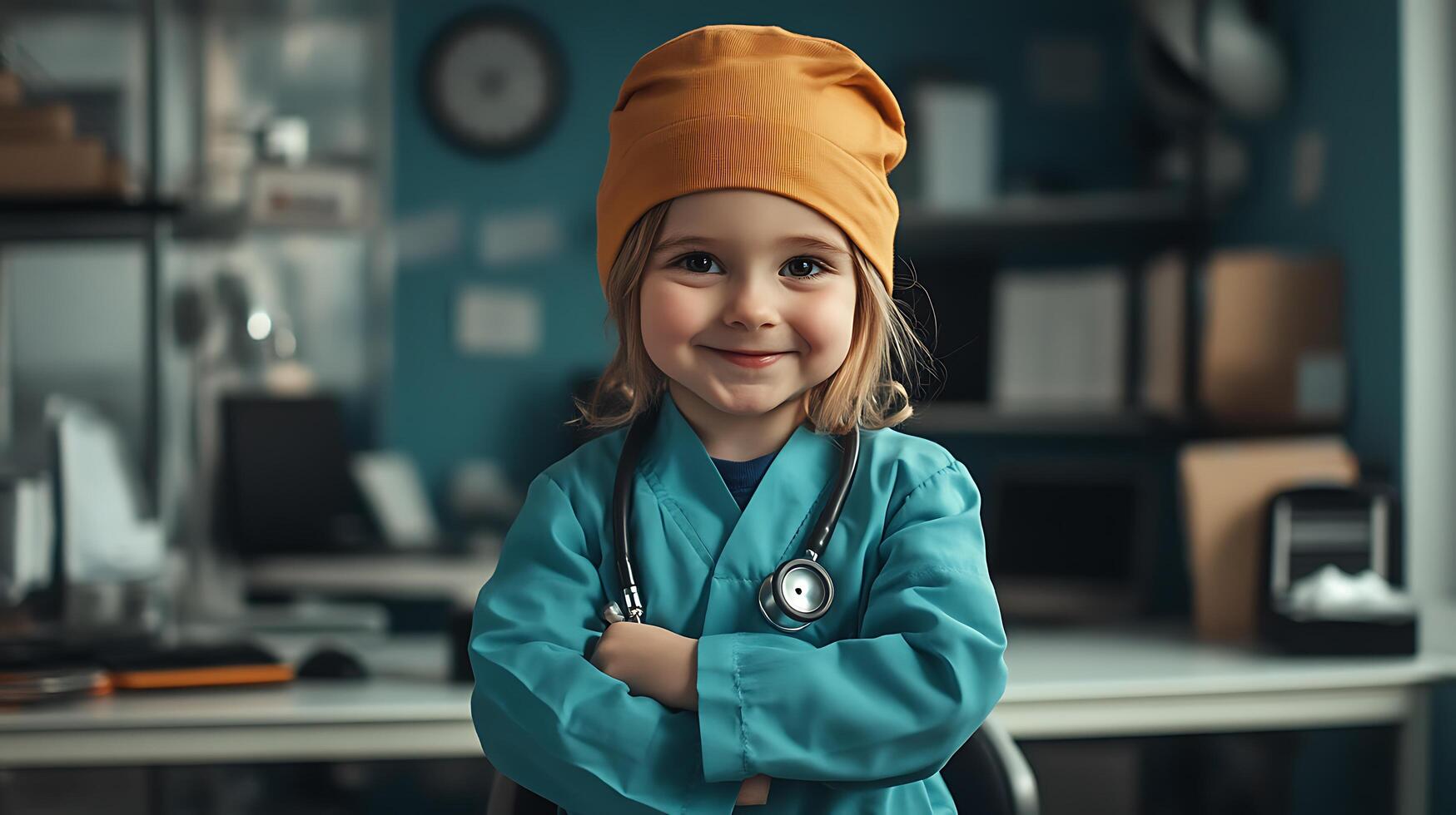 A cheerful little girl wearing scrubs and a beanie playfully dressed up as a doctor in a cozy office exuding charm and innocence photo