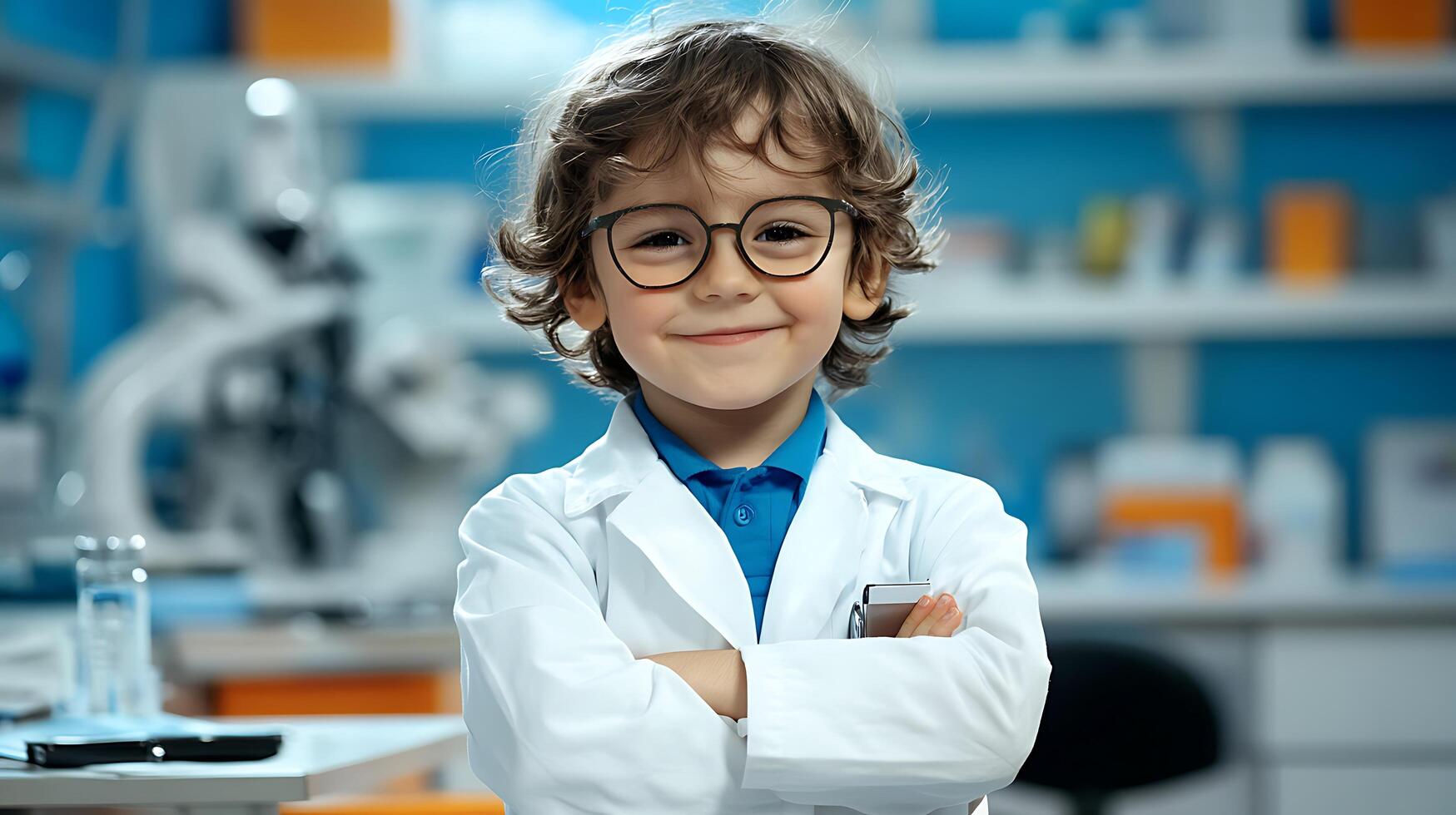 Young aspiring scientist with glasses and a lab coat in a lab smiles confidently with arms crossed ready for future scientific discovery photo