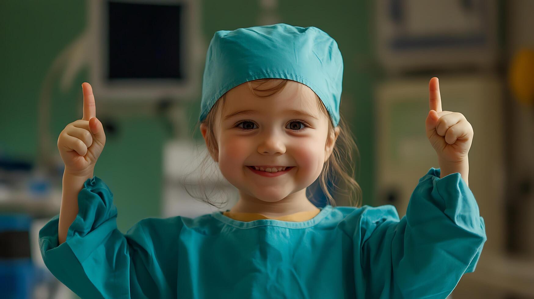 A young child dressed in medical scrubs and a cap raises her index fingers in a gesture of enthusiasm set against an operating room backdrop photo