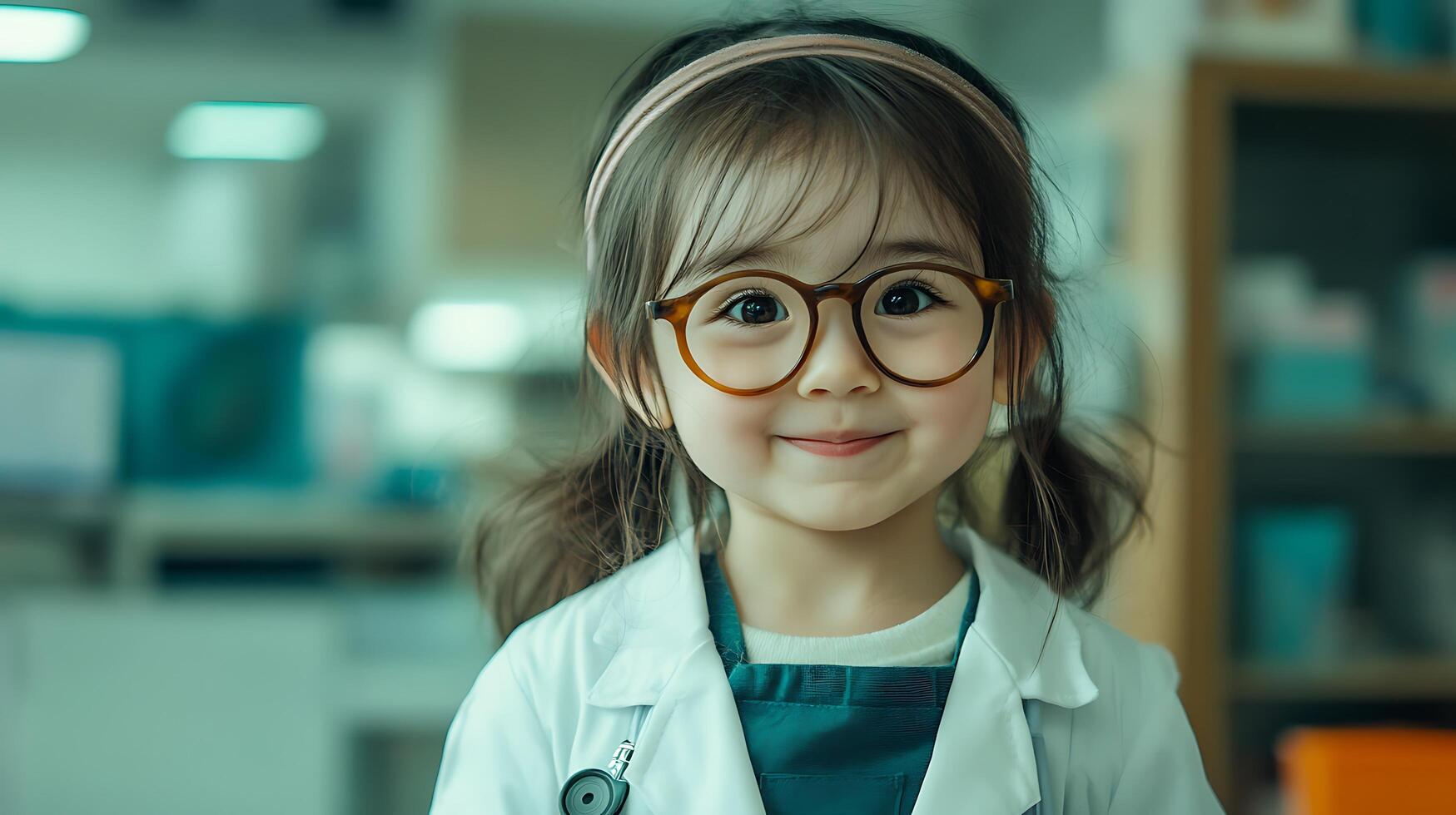 A cute little girl dressed as a doctor with glasses lab coat and stethoscope smiles sweetly at the camera in a medical setting photo