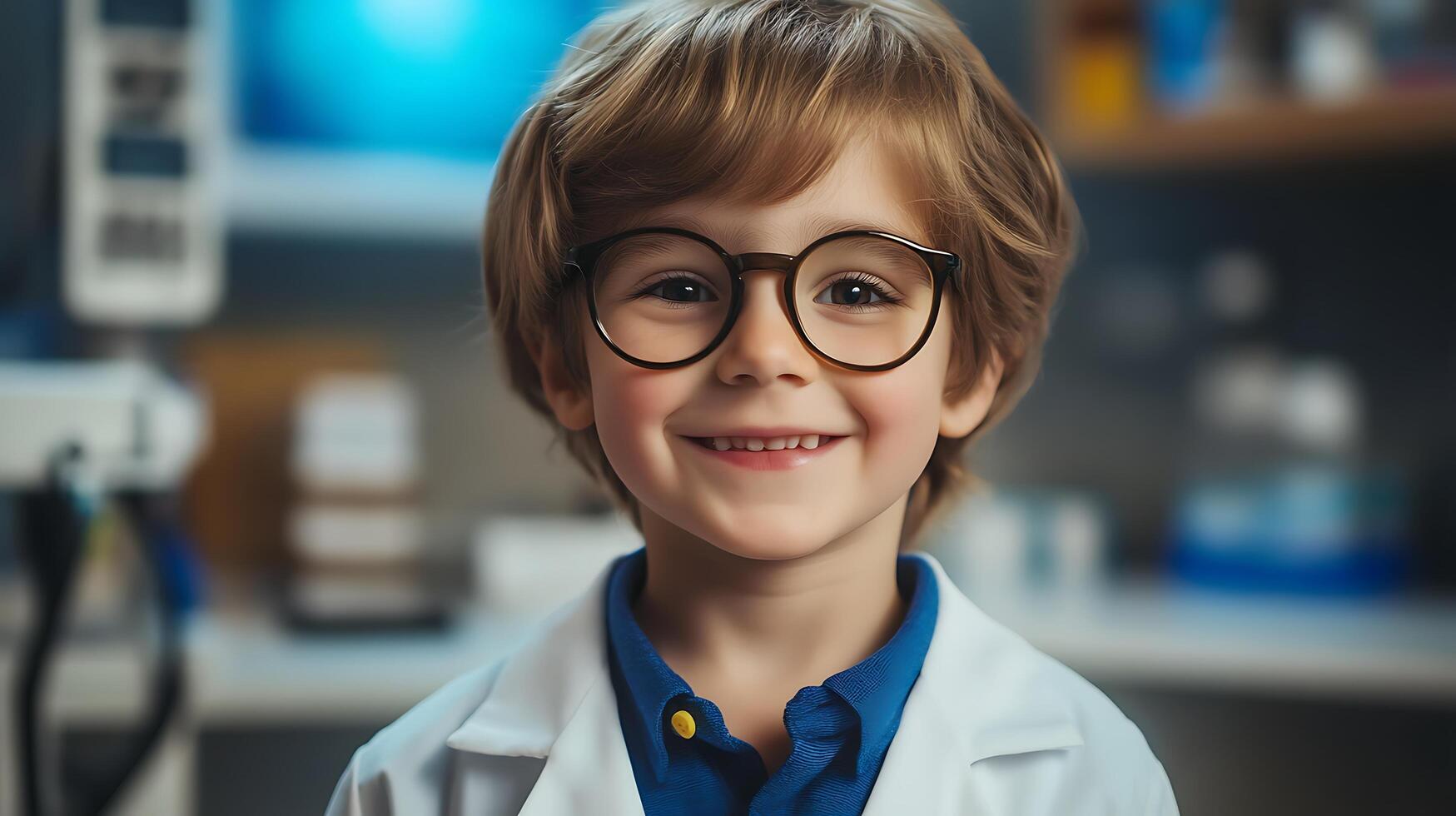 Young boy with glasses in lab coat smiles Expressive eyes and bright smile Future scientist in a modern clean lab environment photo