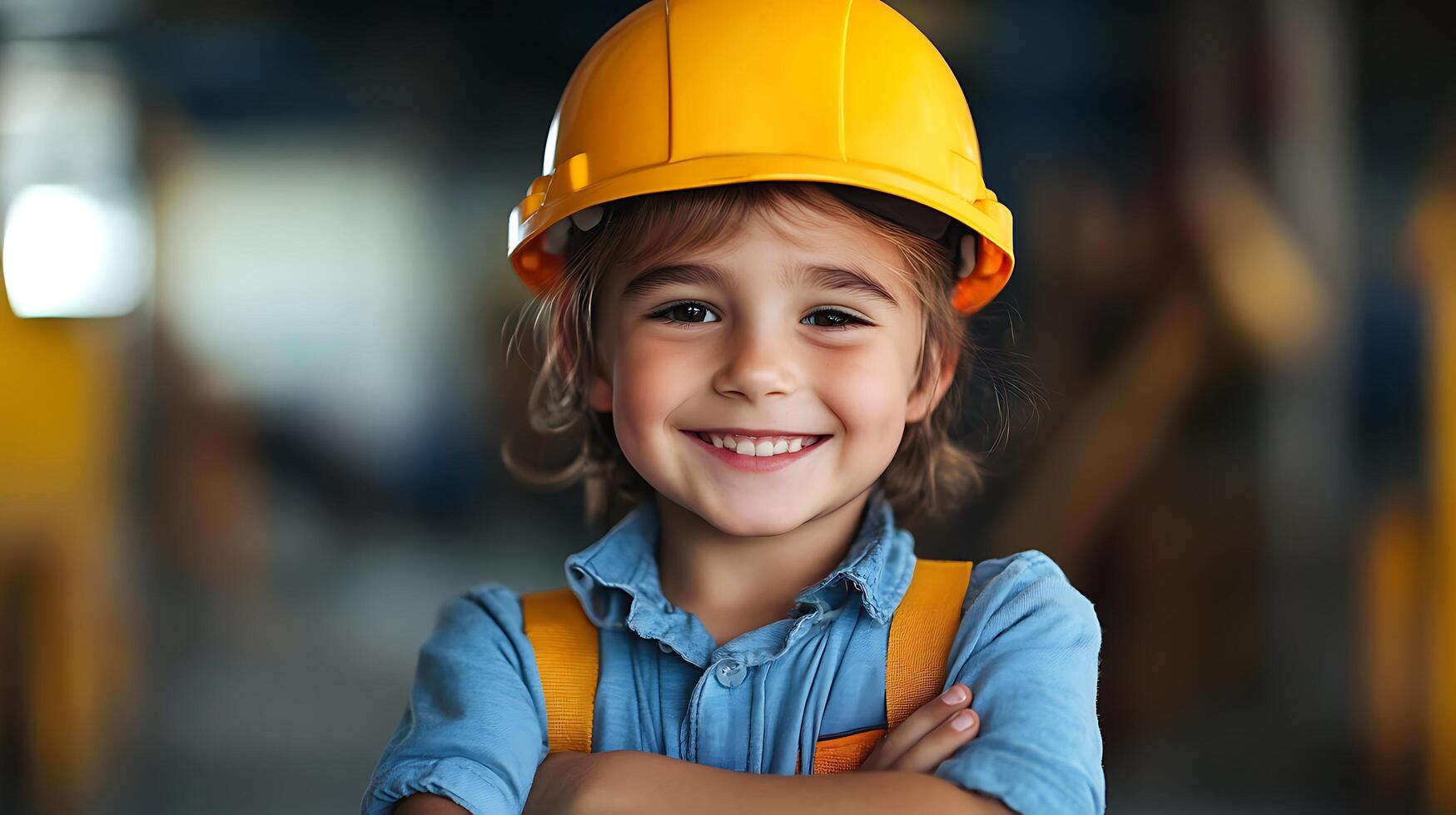 Young girl confidently poses in a yellow hard hat and construction-themed clothing ready for a day of building and exploration photo