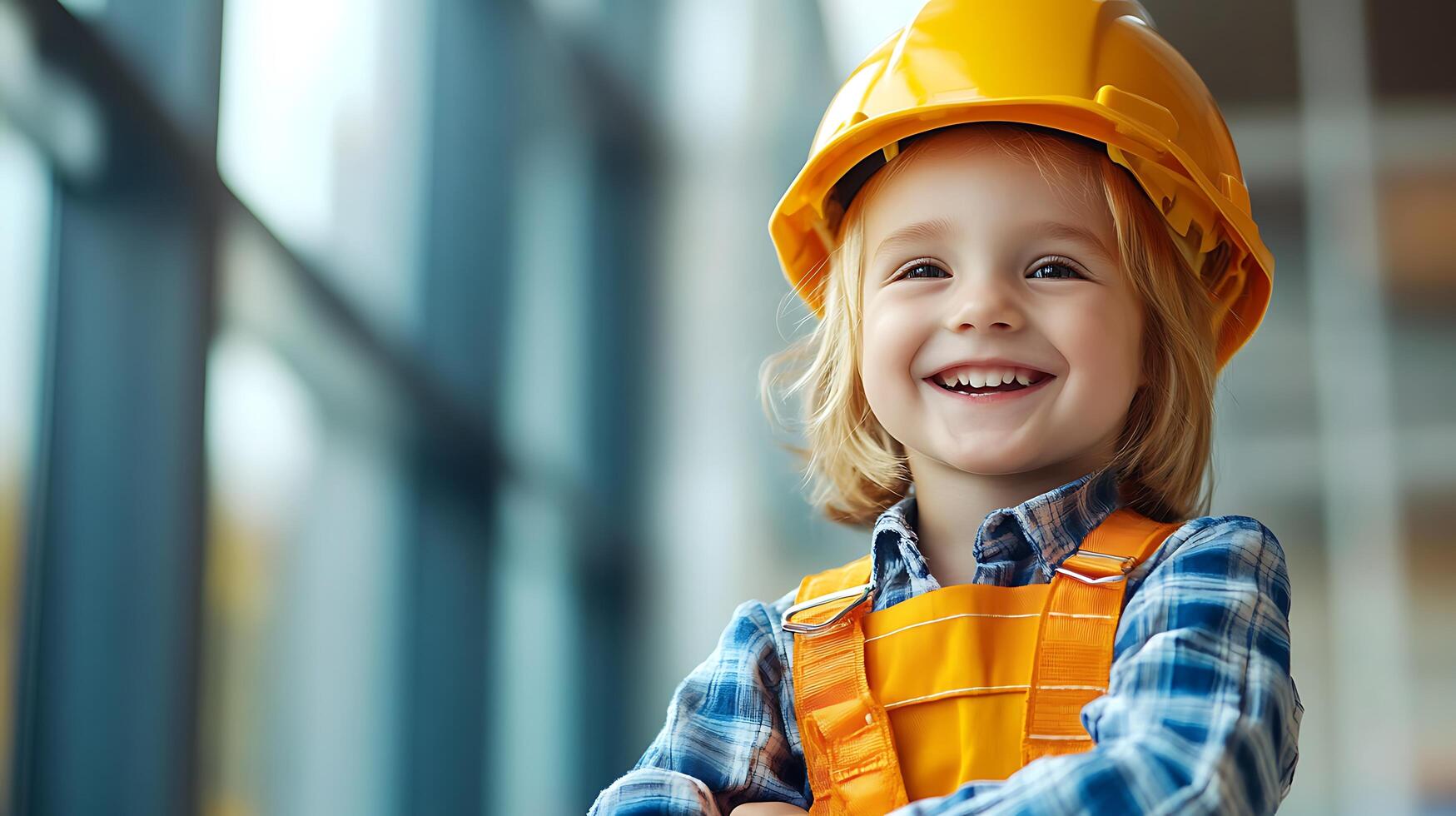 Young builder beaming clad in a yellow hard hat and orange overalls radiating a sense of joyful construction enthusiasm photo