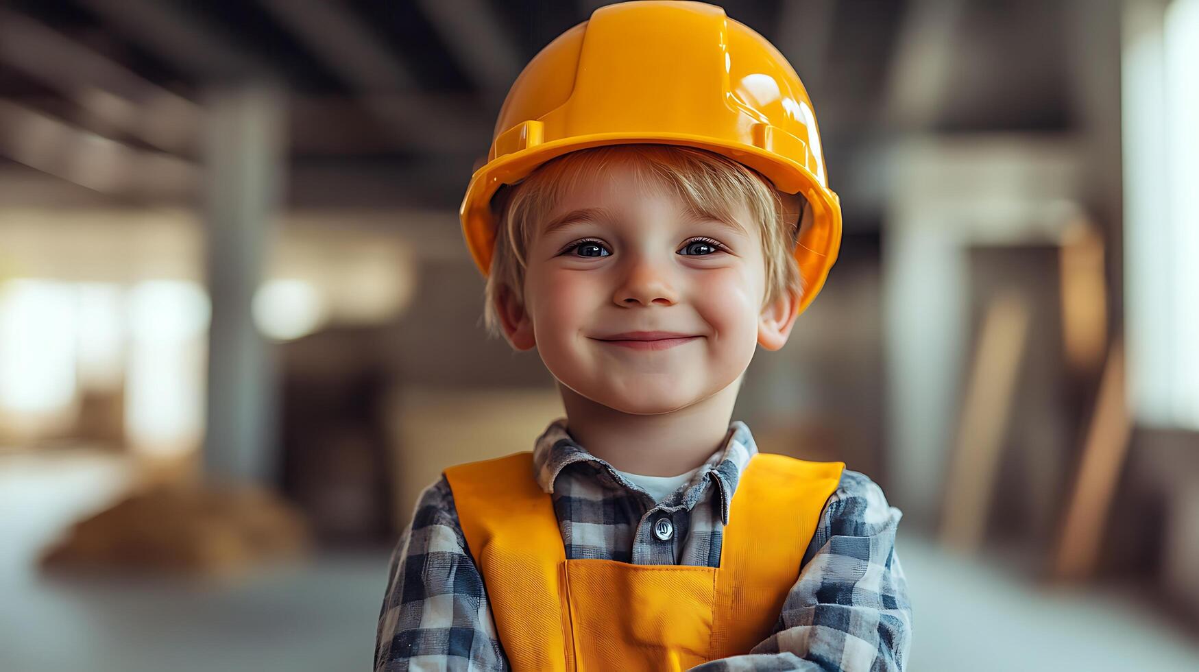 Young child dressed as construction worker with yellow safety gear smiling ready to get to work Youth career aspirations photo