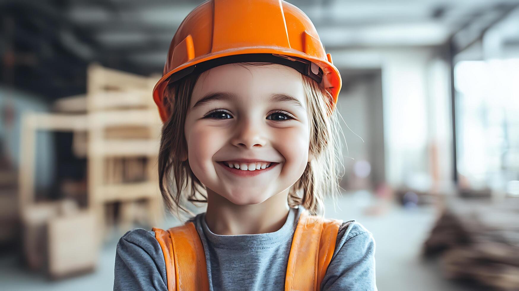Young girl wearing a construction hat and vest smiles brightly with construction materials in the background Future builder happy photo