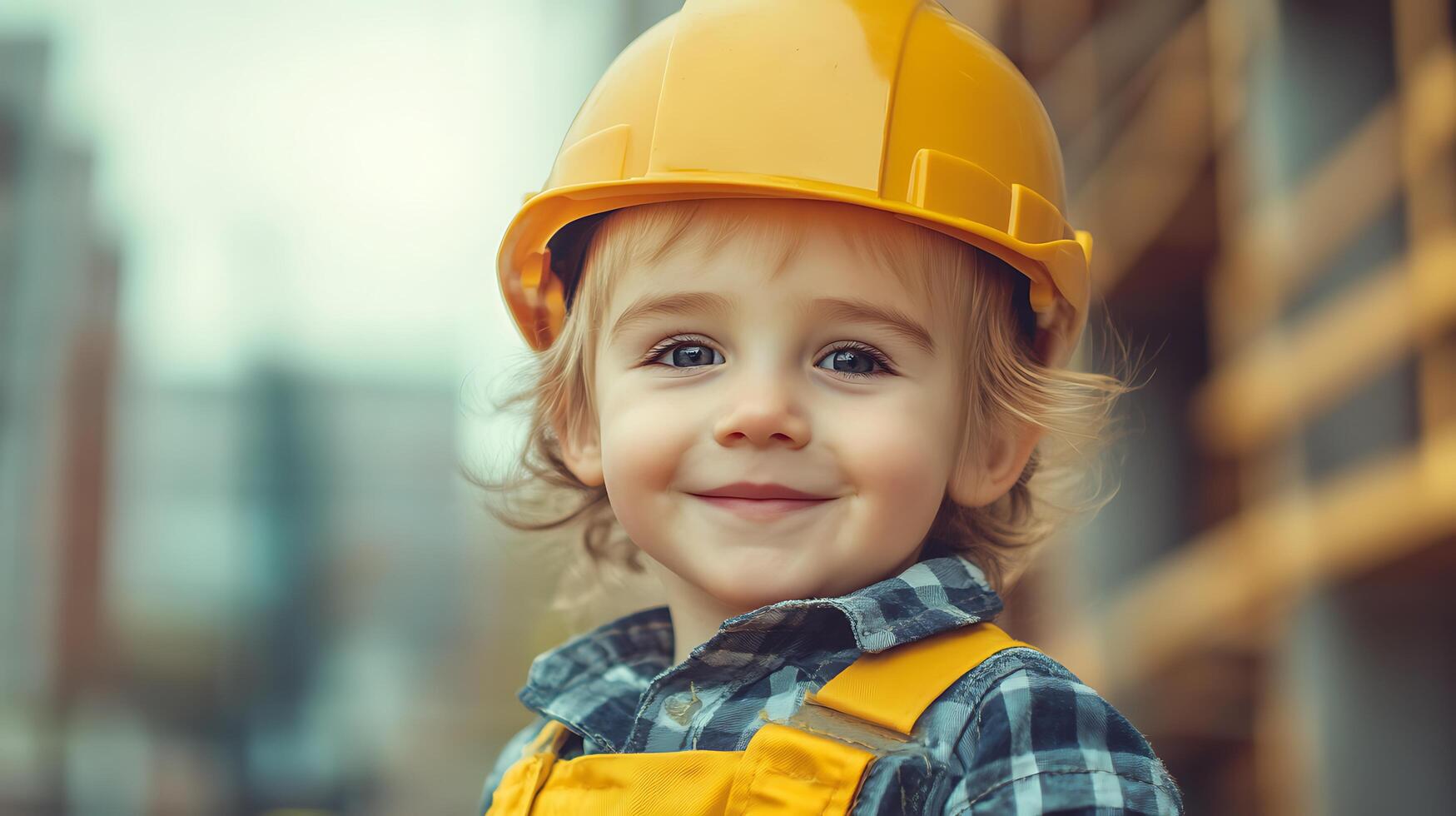 Child construction worker with blonde curls blue eyes and a yellow helmet smiling with a button up plaid shirt with yellow overalls photo