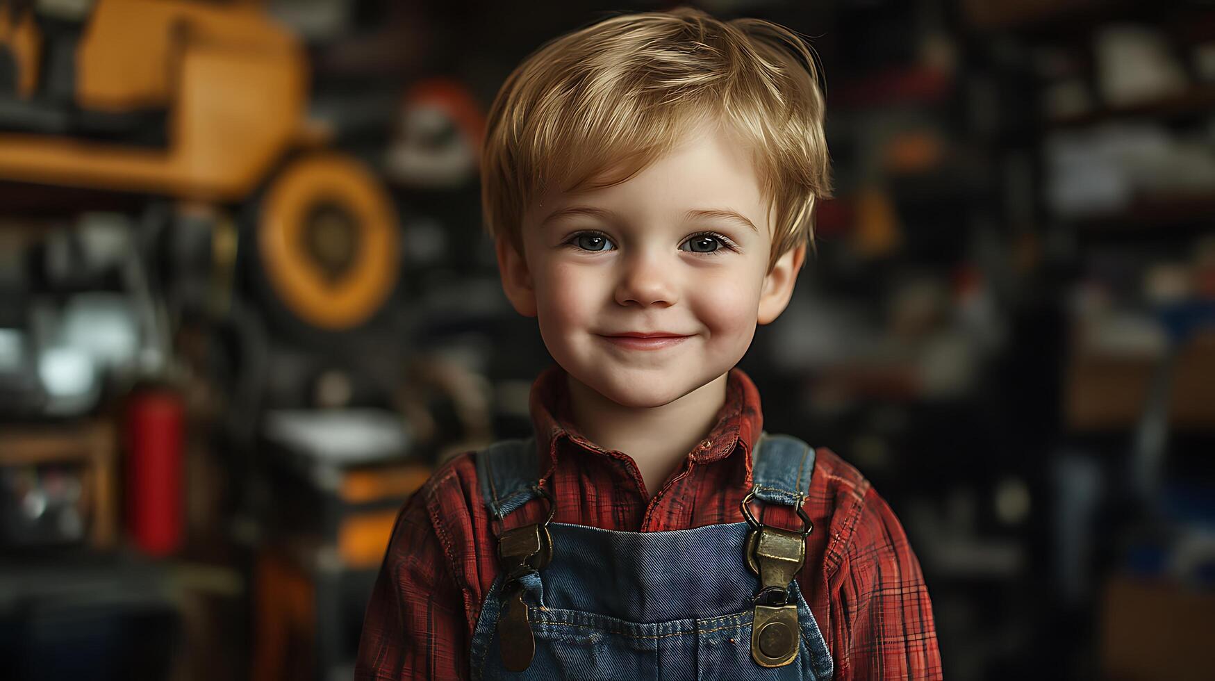 Young boy in overalls smiles warmly Rustic background suggests a workshop or garage Innocence and charm radiate from his expression photo