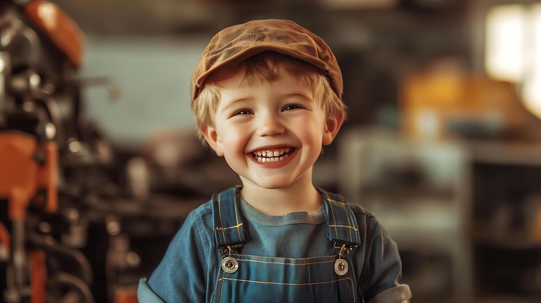 Smiling young boy with blond hair wearing overalls and cap in a workshop Happy heartwarming image of childhood photo