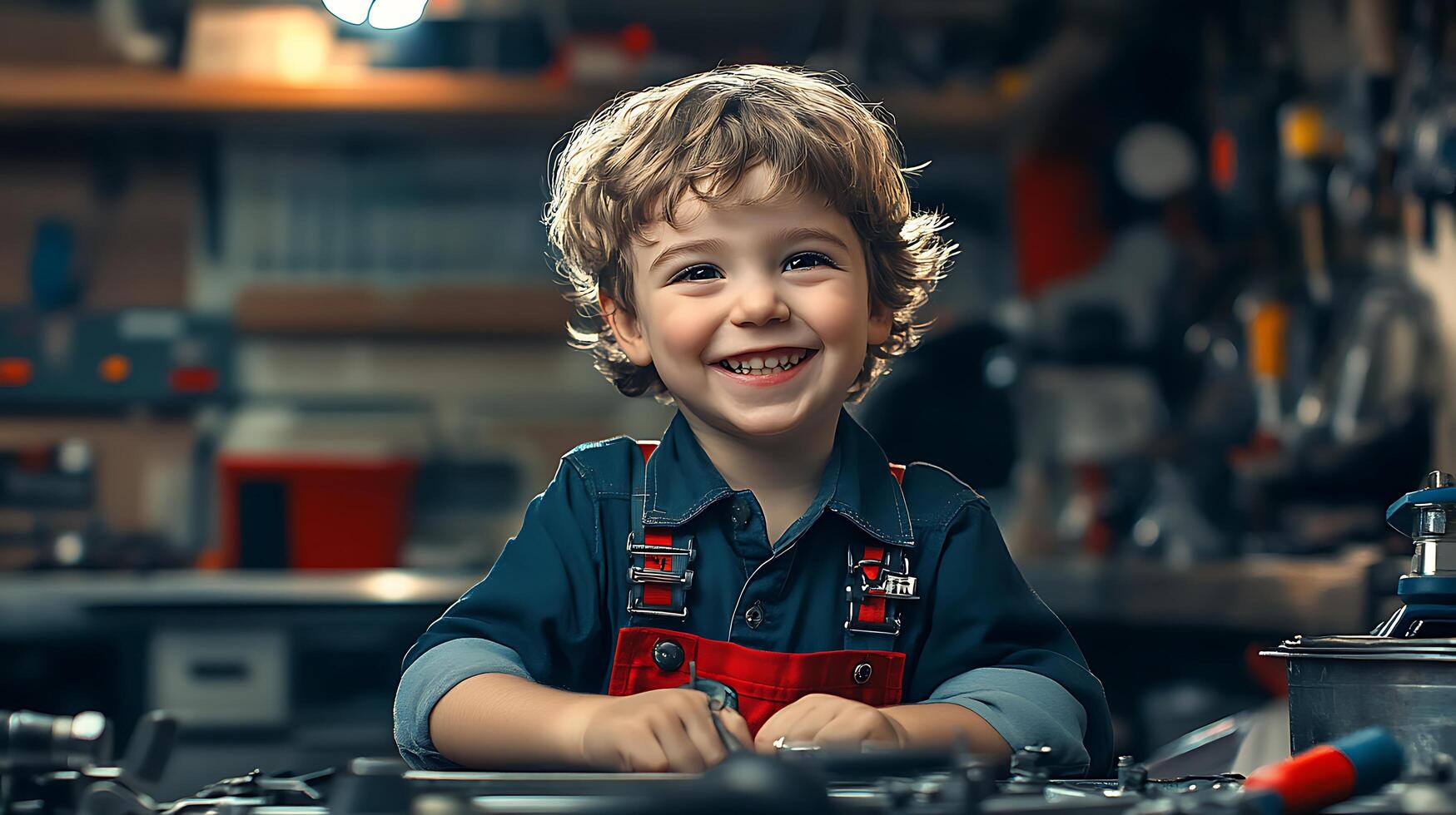 Enthusiastic child dressed in overalls smiles broadly in a cluttered workshop with tools and equipment exuding charm and youthful happiness photo