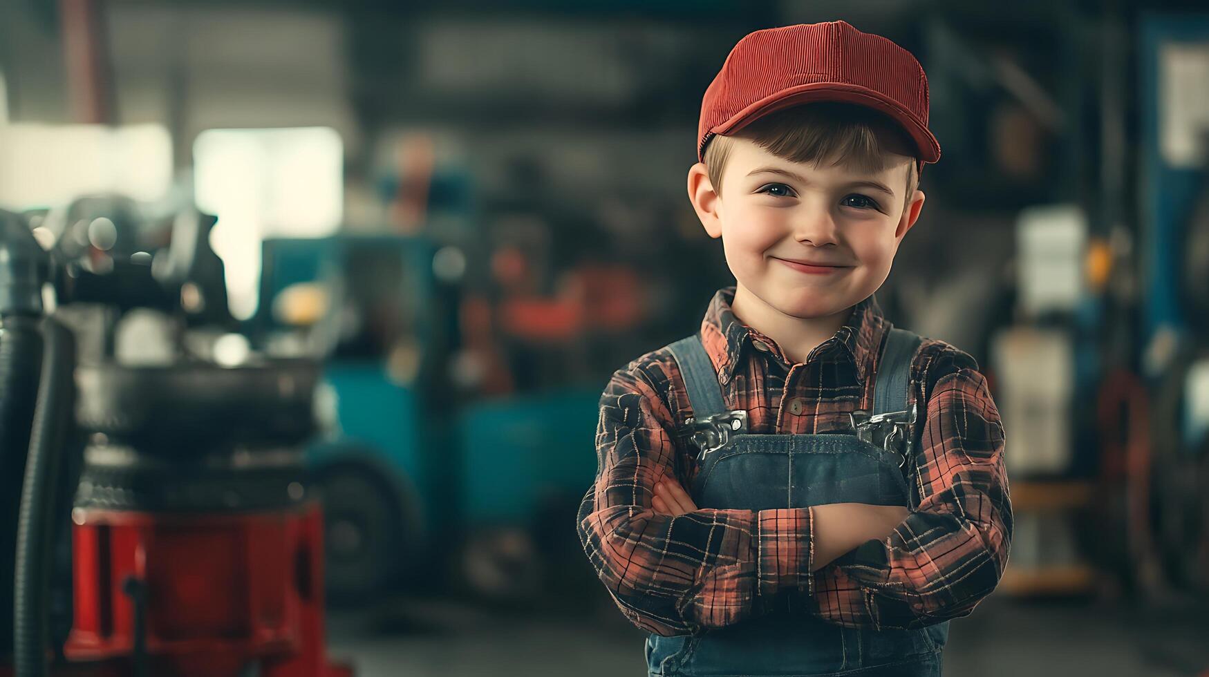 A young boy dressed as a mechanic stands confidently in a workshop arms crossed wearing a red cap and a plaid shirt over overalls photo