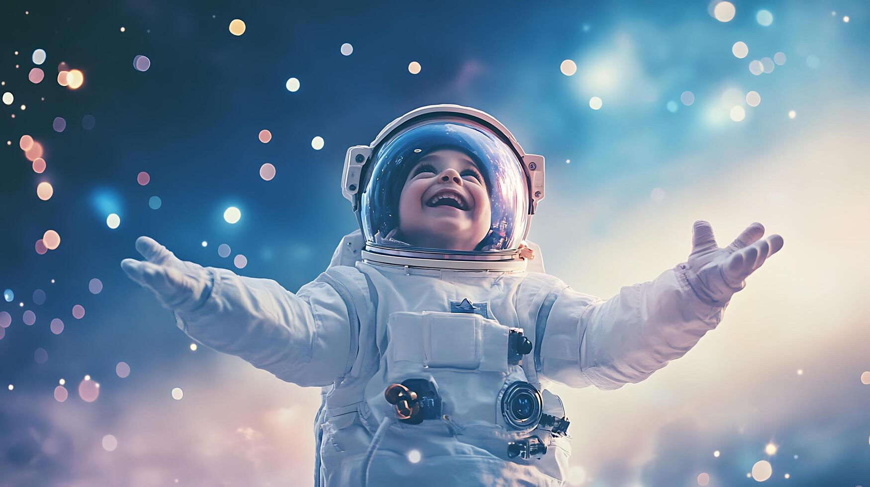 Young astronaut in space suit gazing up with joy surrounded by stars and nebulae embodying dreams of space travel and infinite possibilities photo