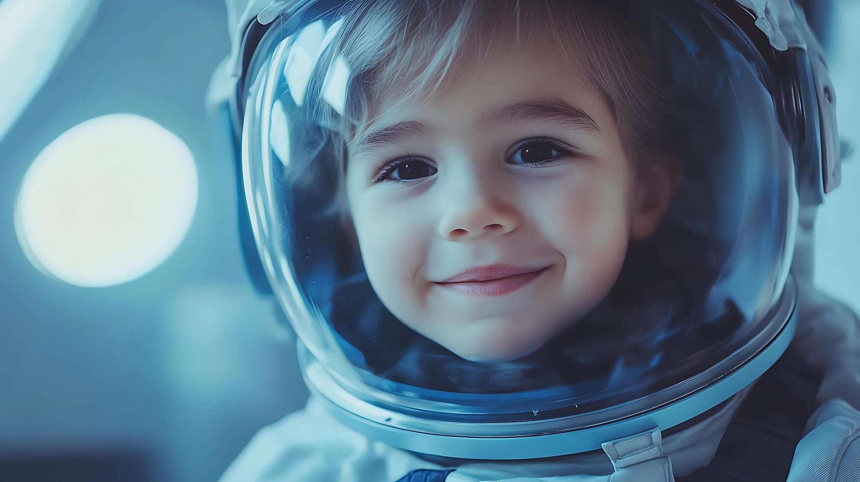 A young child eyes full of wonder playfully dons a space helmet dreaming of cosmic adventures and interstellar exploration photo