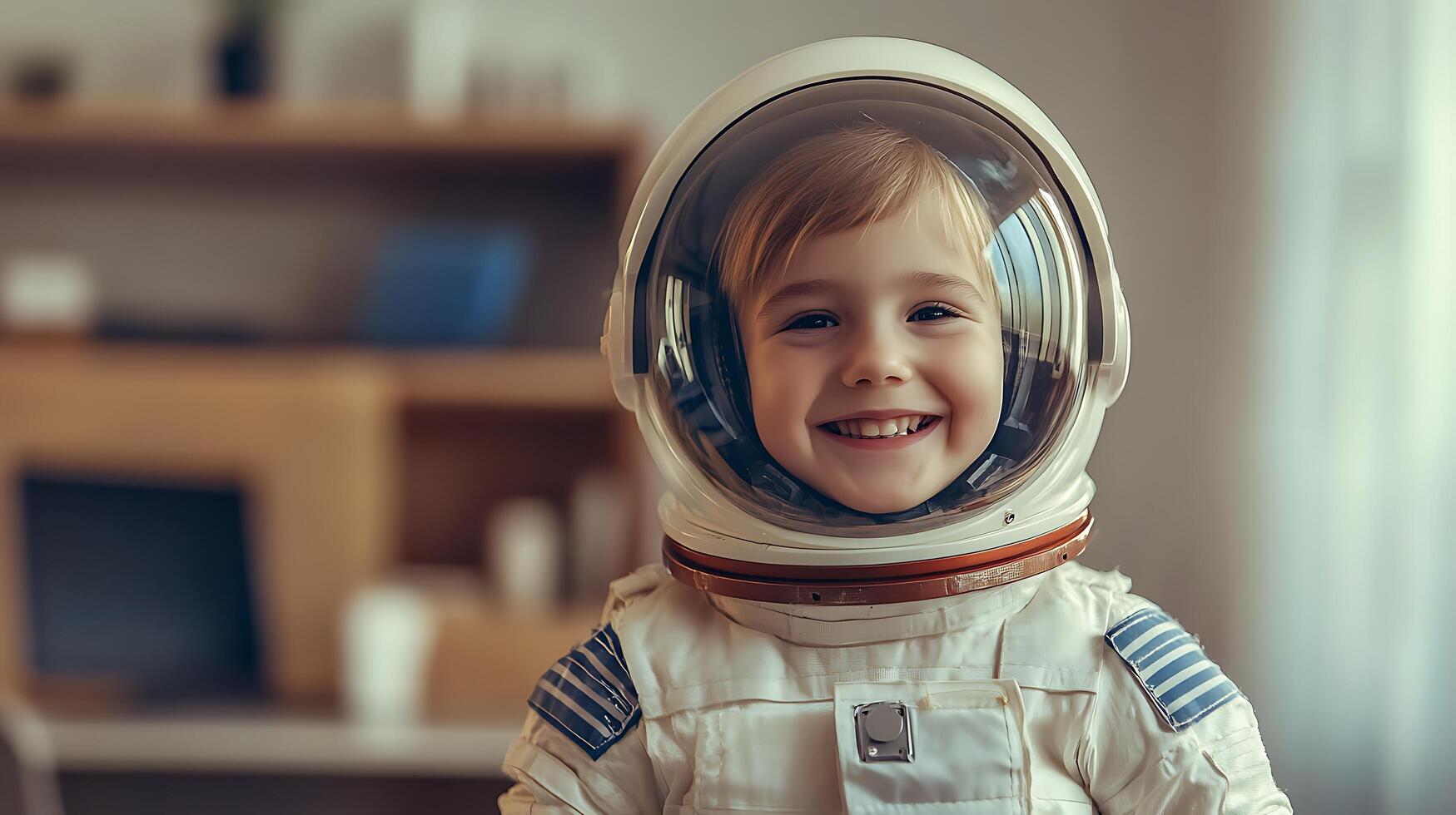 Happy astronaut dreams of space travel and exploration smiling widely with helmet on while dressed in a fun space suit photo